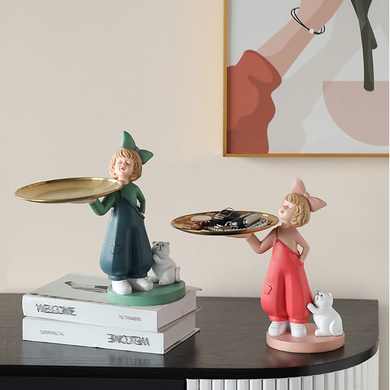 Cute Girl Cat Resin Statue with Storage Tray - Modern Home Decor Sculpture for Jewelry, Keys & Candy Storage | Desktop Organizer for Office & Bedroom Decor
