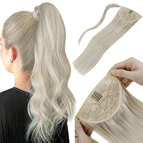 LAAVOO 20 Inch Remy Human Hair Ponytail Extension - #60 Platinum Blonde Clip-in Wrap Around Ponytail (80g, Silky Straight) for Parties, Weddings & Daily Styling