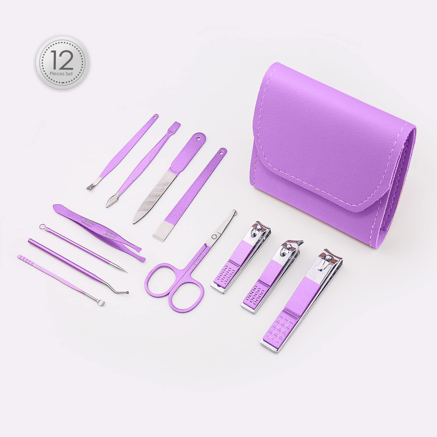 Zabb KAMIKAZE 12-Piece Professional Manicure & Pedicure Kit - Stainless Steel Nail Tools Set with Folding Bag (Purple) | Portable Nail Care Kit for Home, Salon & Travel