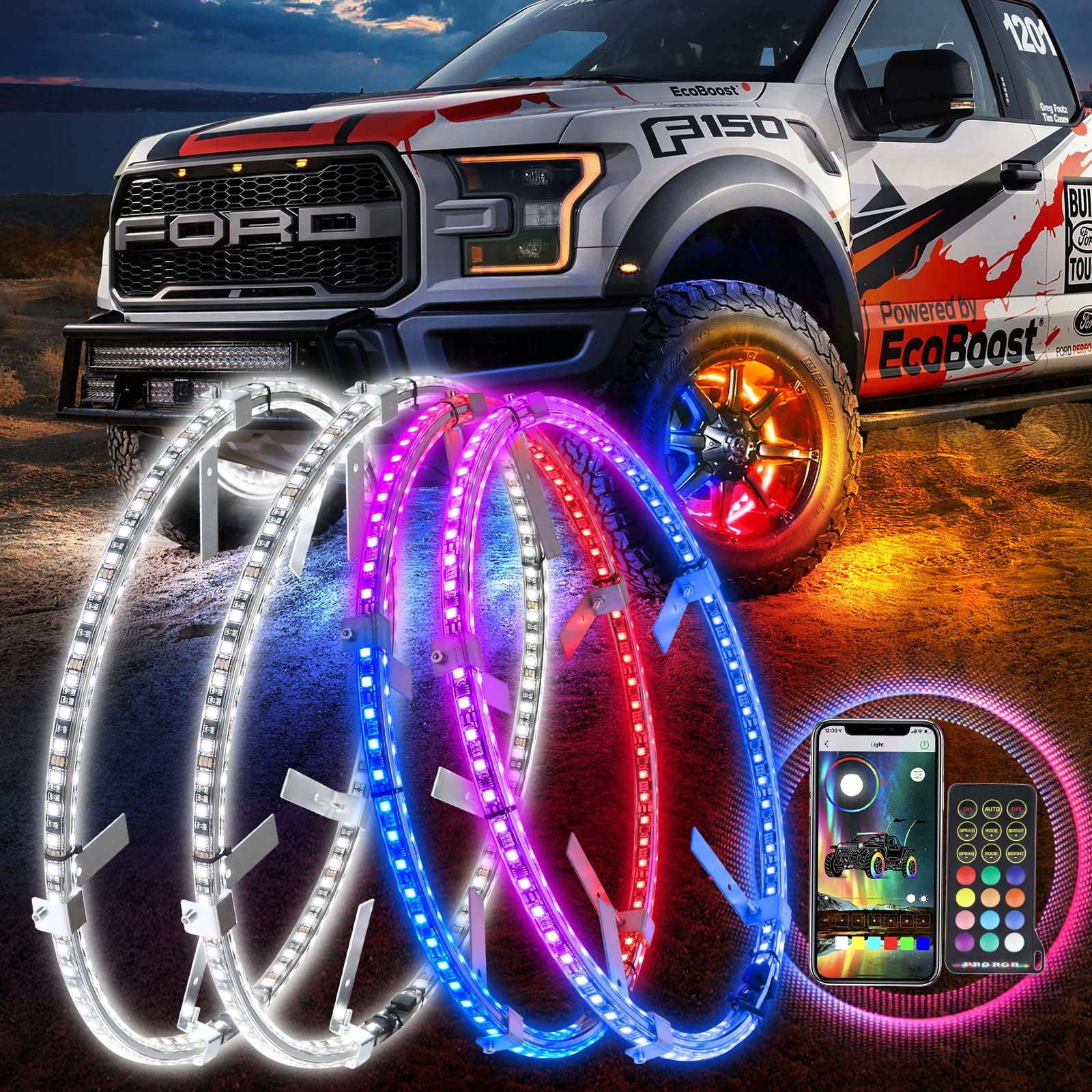 17 Inch RGBW Dreaming Color + Bright White Double Row Wheel Lights with Pure White & Rocker Switch Control - Car, Truck, Pickup, Off-Road Vehicle Wheel Ring Light for Night Driving, Car Shows & Off-Road Adventures