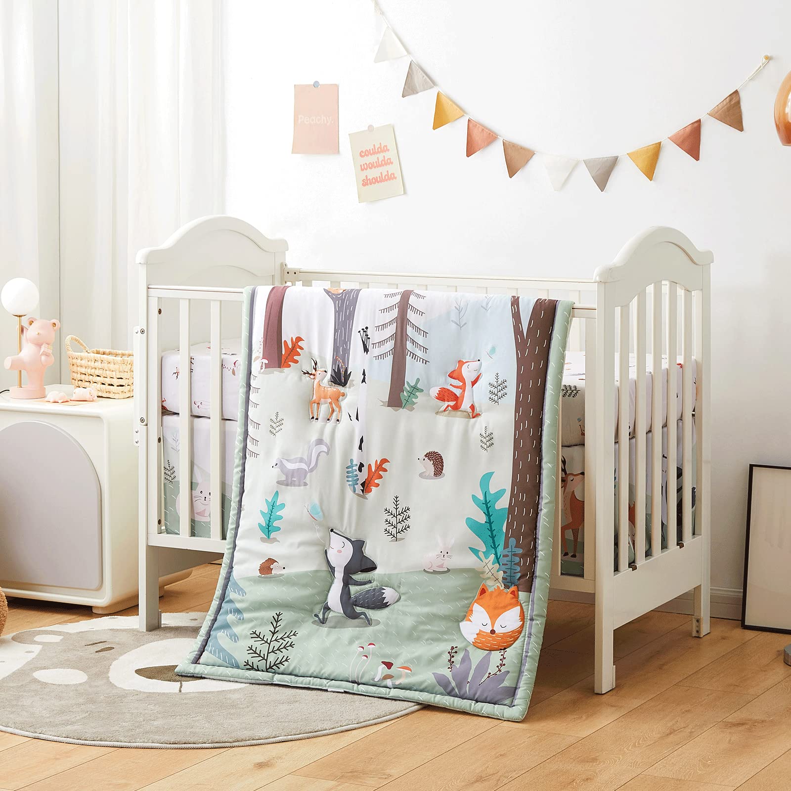 Beeweed 3-Piece Crib Bedding Set for Boys & Girls - Soft Baby Blanket, Crib Skirt & Sheets - Woodland Animal Nursery Theme - Perfect for Newborns & Toddlers' Bedrooms
