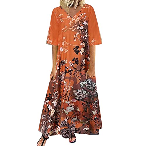 Women's Summer Casual Red Maxi Dress - Short Sleeve V-Neck Loose Beach Dress with Side Slit (Orange, Medium) | Perfect for Beach Vacations, Date Nights & Summer Parties