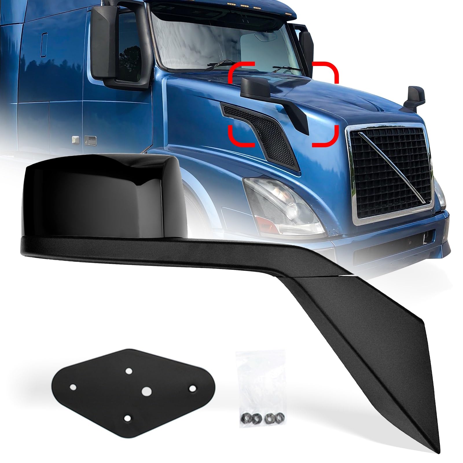 Volvo VNL Hood Mirror Assembly Replacement (2004-2014) - Right Passenger Side Black Truck Mirror with Arm - Perfect for Volvo VNL Long Haul Trucks & Highway Driving Safety