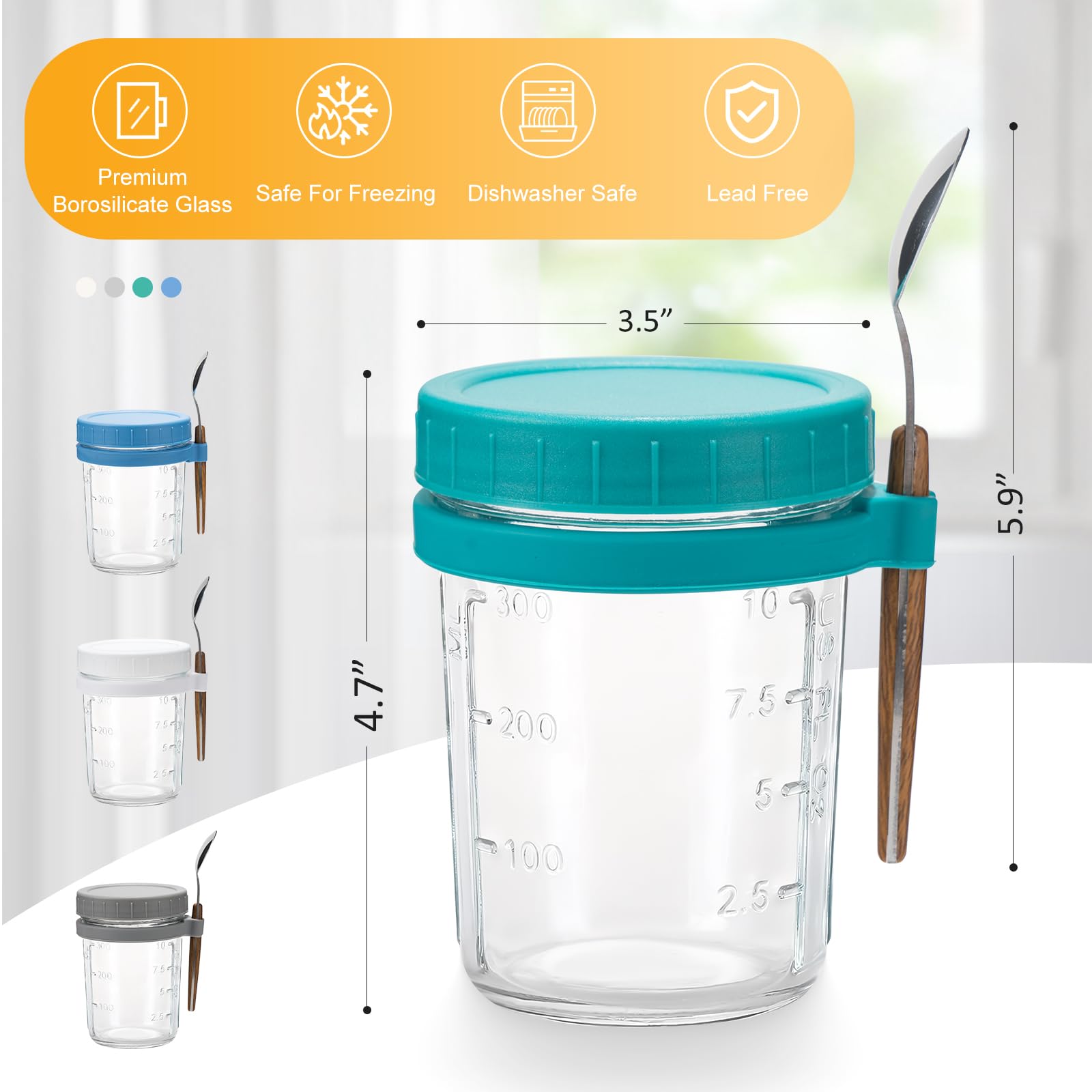 4 Pack 12 oz Glass Mason Overnight Oats Jars with Lids & Spoons - Reusable Meal Prep Containers for Yogurt, Cereal, Fruit - Perfect for Breakfast, Office Lunch & Healthy Snacks On-The-Go