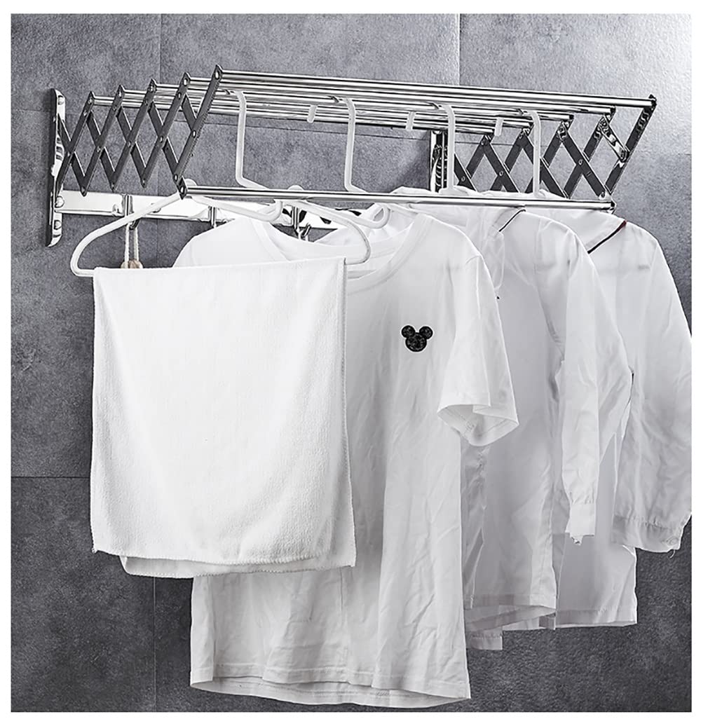 Stainless Steel Extendable Wall Mounted Clothes Drying Rack - 6 Rod Accordion Towel Airer with Hooks for Balcony, Bathroom & Laundry (60cm, Silver Chrome) - Space Saving Laundry Solution for Small Apartments & Homes