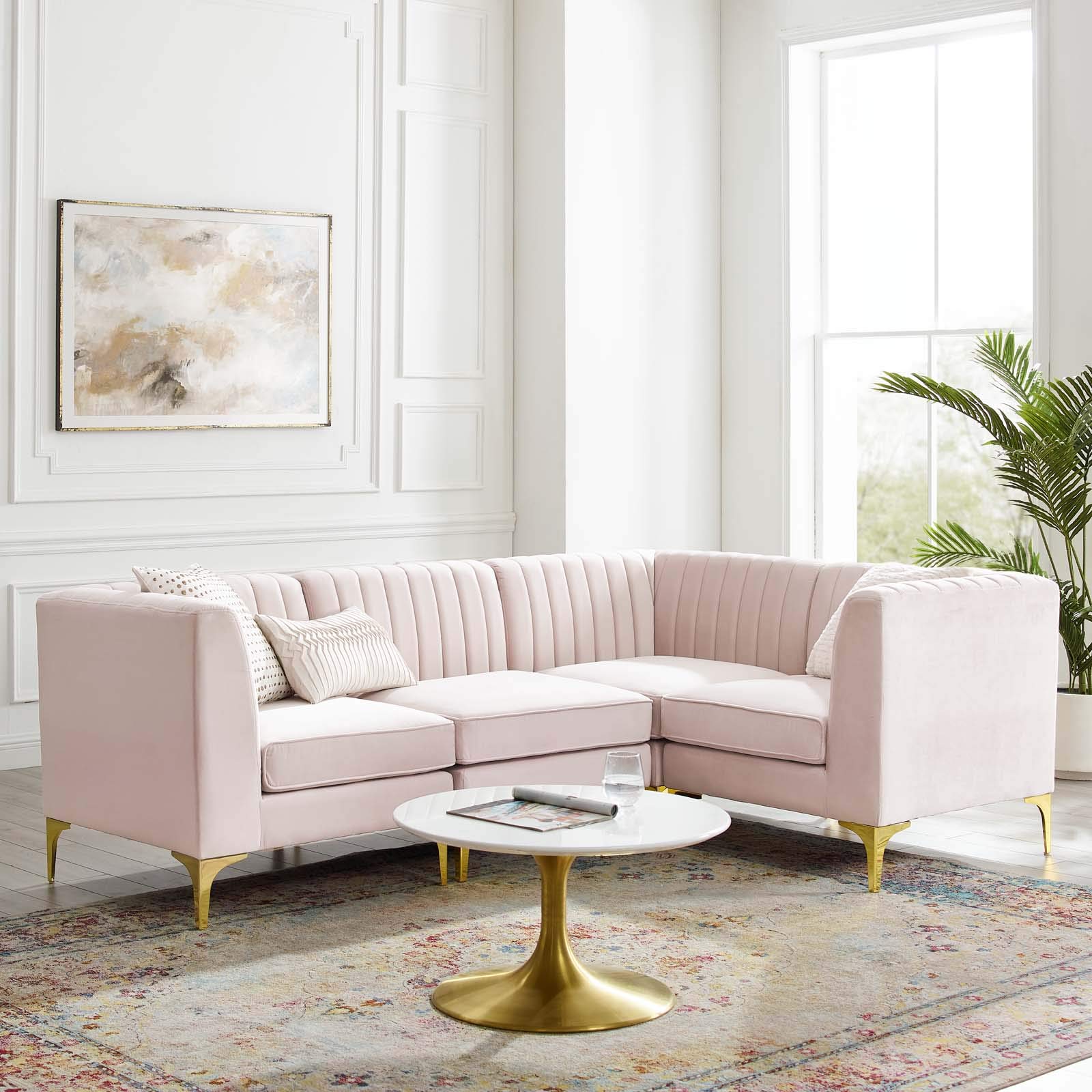 Modway Triumph Channel Tufted Performance Velvet 4-Piece Sectional Sofa in Pink - Modern Living Room Furniture for Small Spaces, Apartment & Home Theater Seating