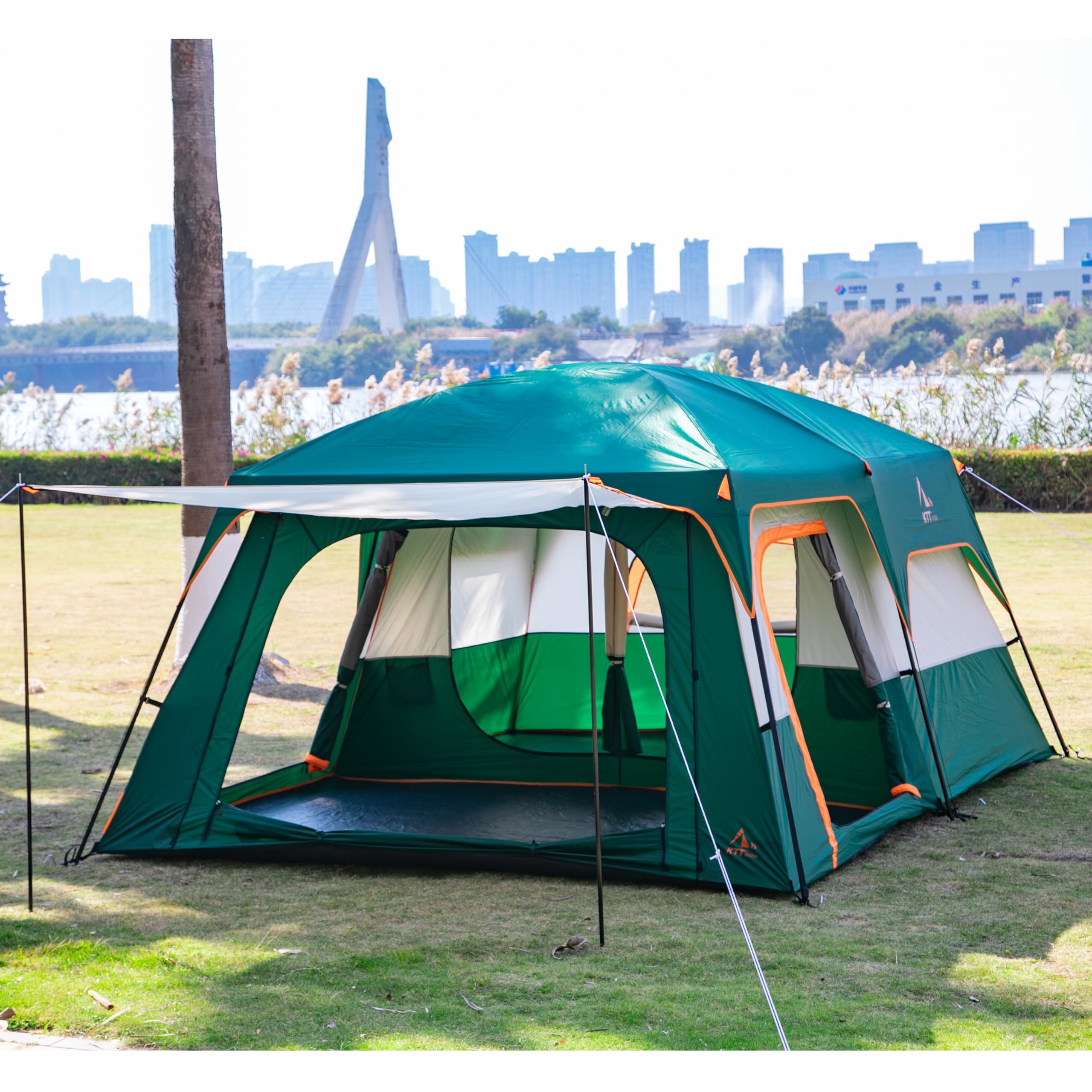 KTT Extra Large Family Cabin Tent for 10-12-14 People (Style-B) - 2 Rooms, 3 Doors & 3 Windows with Mesh, Straight Wall Design, Waterproof Double Layer - Perfect for Camping, Picnics, Outdoor Adventures & Family Gatherings