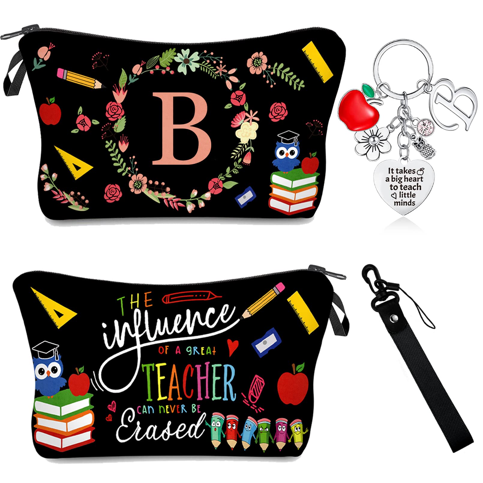 Personalized Teacher Appreciation Gifts - Custom Initial Keychain & Makeup Bag with Wrist Strap - Perfect for Thank You, Graduation, Back to School & End of Year Gifts - Ideal for Women Educators & Teacher's Day