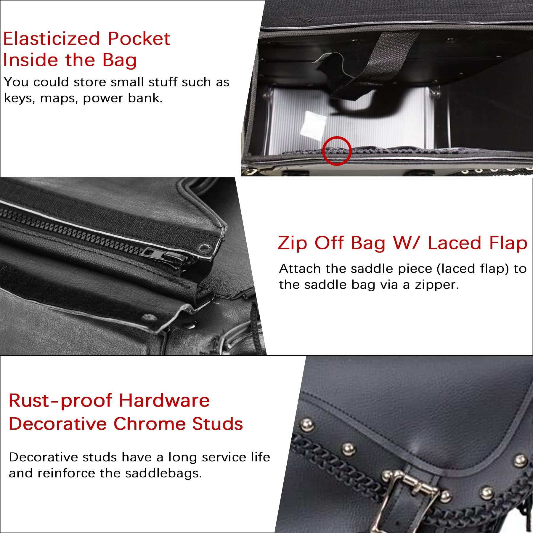 Dream Apparel Faux Leather Motorcycle Saddle Bags - Studded Throw Over Side Bags for Honda Shadow, Sportster, Softail & Dyna V-Star (Black) | Durable PVC Motorcycle Storage for Cruiser Bikes | Perfect for Road Trips & Daily Commuting
