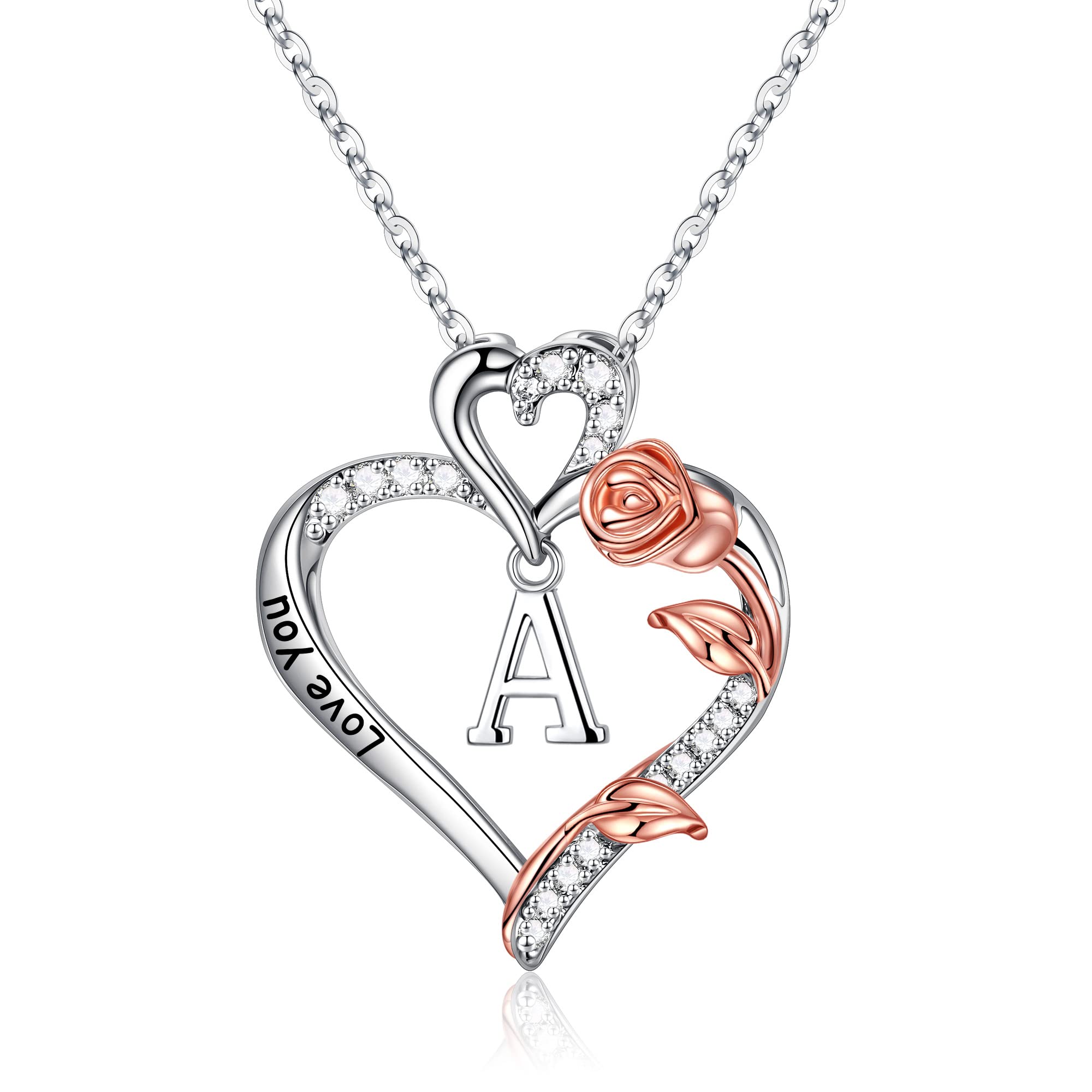 Rose Heart Initial Pendant Necklace for Women - Personalized Jewelry Gift for Mom, Wife, Girlfriend, Daughter | Christmas, Valentine's, Anniversary & Birthday Present | Elegant Layering Necklace for Everyday Wear & Special Occasions