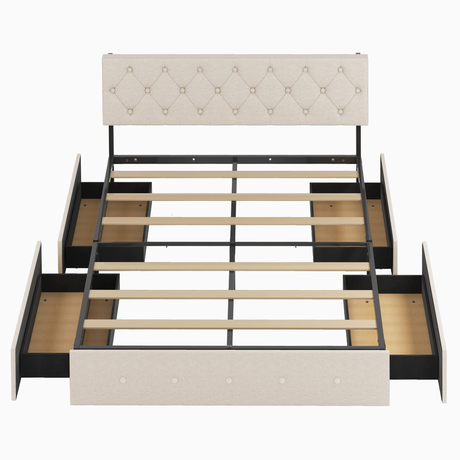Platform King Bed Frame with Linen Fabric Headboard & 4 Storage Drawers - Diamond Stitched Button Tufted Design, Wooden Slats Support, No Box Spring Needed (Beige) - Perfect for Master Bedroom, Guest Room & Small Space Organization