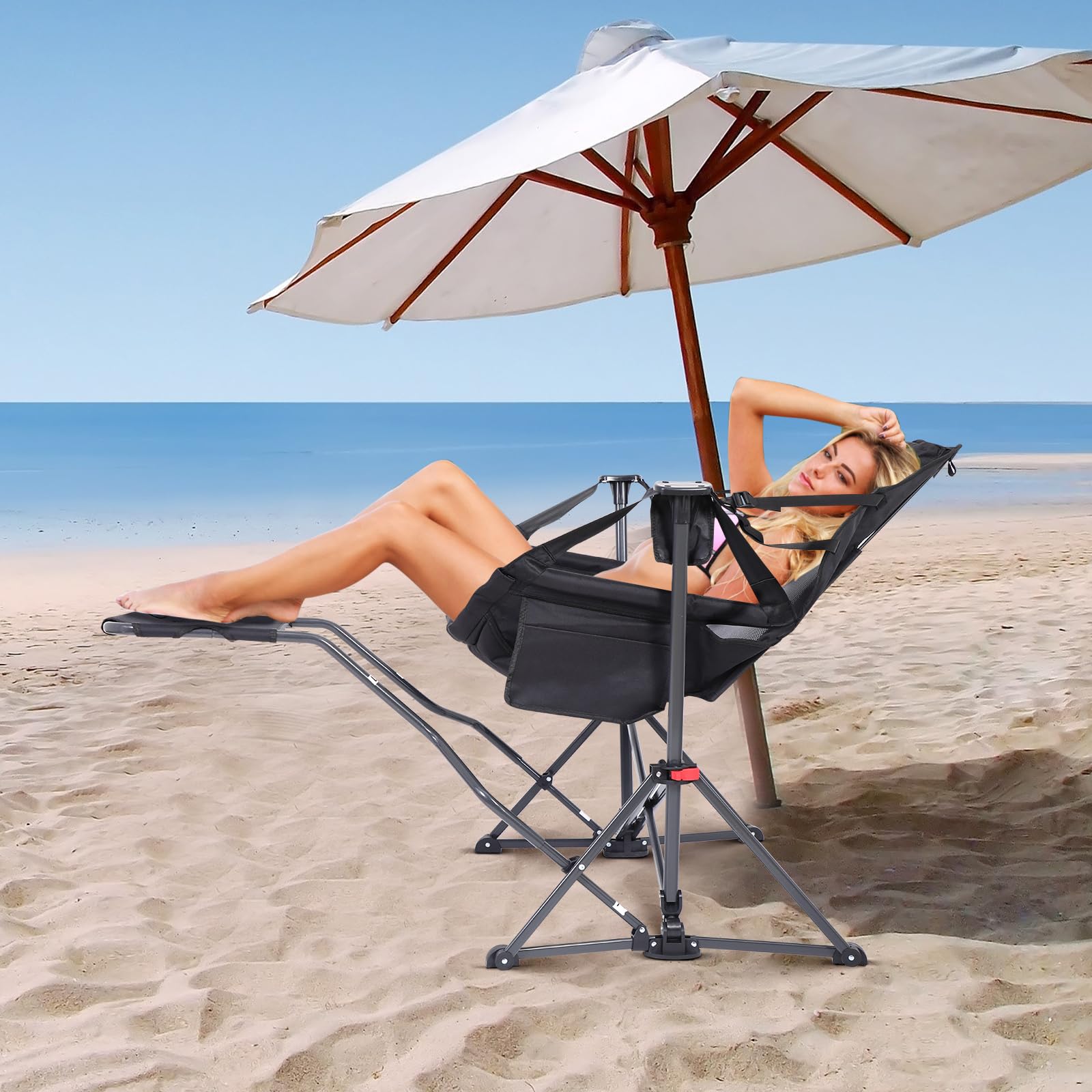 Premium Hammock Camping Chair with Stand - Heavy Duty Rocking Swivel Chair with High Back Support, Cup Holder & Side Pockets - Portable Outdoor Lounge Chair for Backyard, Beach, Camping & Patio Relaxation (Black with Footrest)