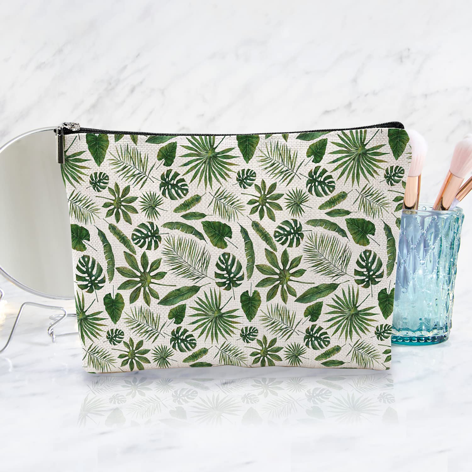 Large Makeup Travel Bag for Women - 10x7 inch Waterproof Cosmetic Organizer Pouch with Broadleaf Coniferous Pattern, Portable Toiletry Bag for Makeup Brushes & Skincare Products | Perfect for Travel, Gym & Daily Use