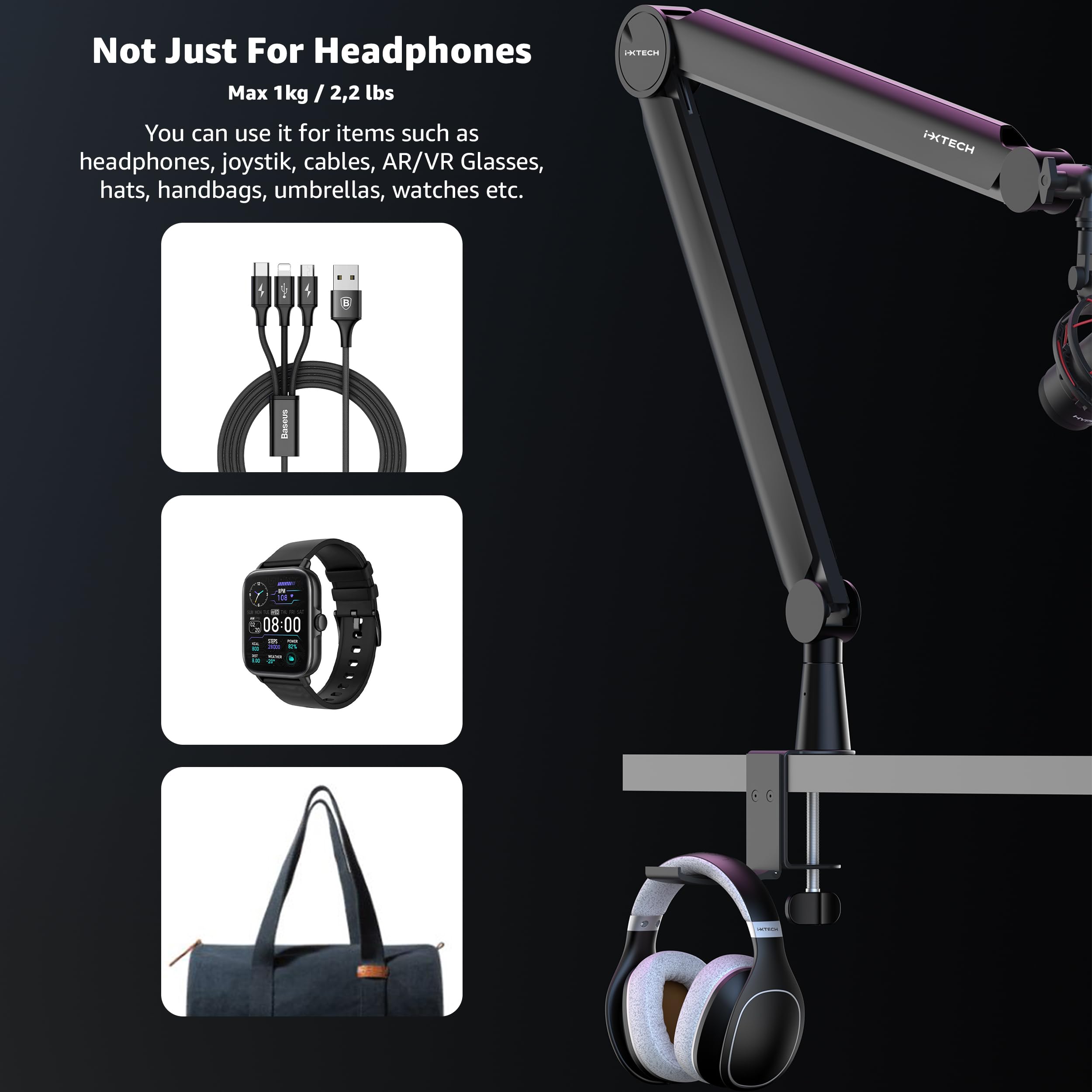 IXTECH 360° Rotatable Microphone Boom Arm with Desk Mount - Fully Adjustable Mic Stand for Podcasting, Streaming, Gaming & Studio Recording - Sturdy Universal Mic Arm for Home Office & Professional Use