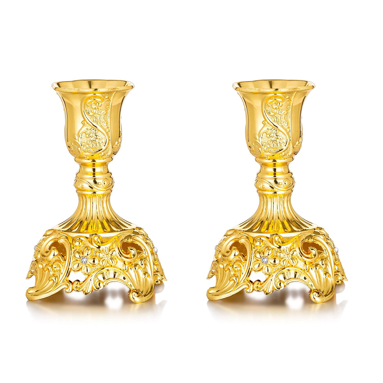 Luxury Gold Candlestick Holders Set of 2 - Elegant Taper Candle Holders for Shabbat, Weddings & Christmas Decor - 3.9 Inch Tall Centerpiece for Dining Table, Mantel & Holiday Celebrations