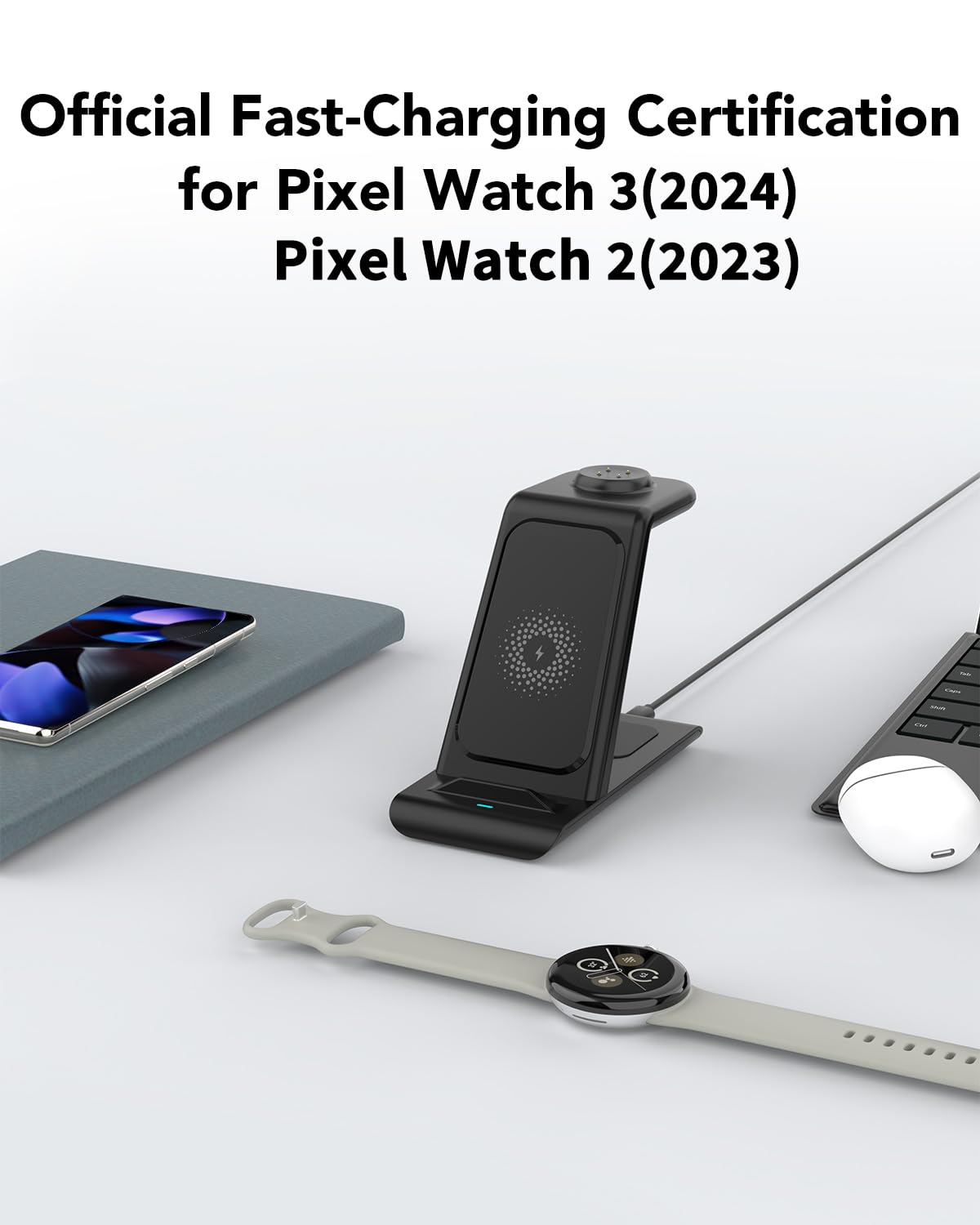 HATALKIN 3-in-1 Wireless Charging Station for Google Pixel Watch 3/2, Pixel 9/8/7/XL & Pixel Buds Pro/2 - Fast Wireless Charger Stand with Adapter for Multiple Devices (Not for Pixel Watch 1) | Perfect for Home, Office & Travel Charging