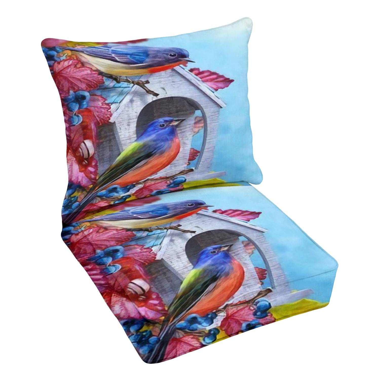 Premium Outdoor Deep Seating Cushion Set - Elegant Titmouse Bird Design on Branch - Replacement Cushions for Patio Lounge Chairs - Perfect for Garden, Poolside & Backyard Relaxation