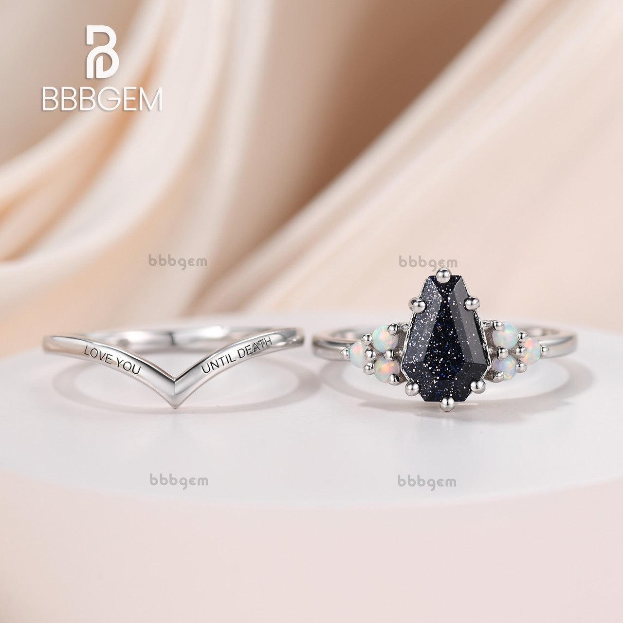 Gothic Coffin Blue Goldstone & Sandstone Ring Set - Engraved White Gold Nesting Band for Women - Perfect for Halloween, Gothic Fashion & Dark Aesthetic Jewelry Lovers