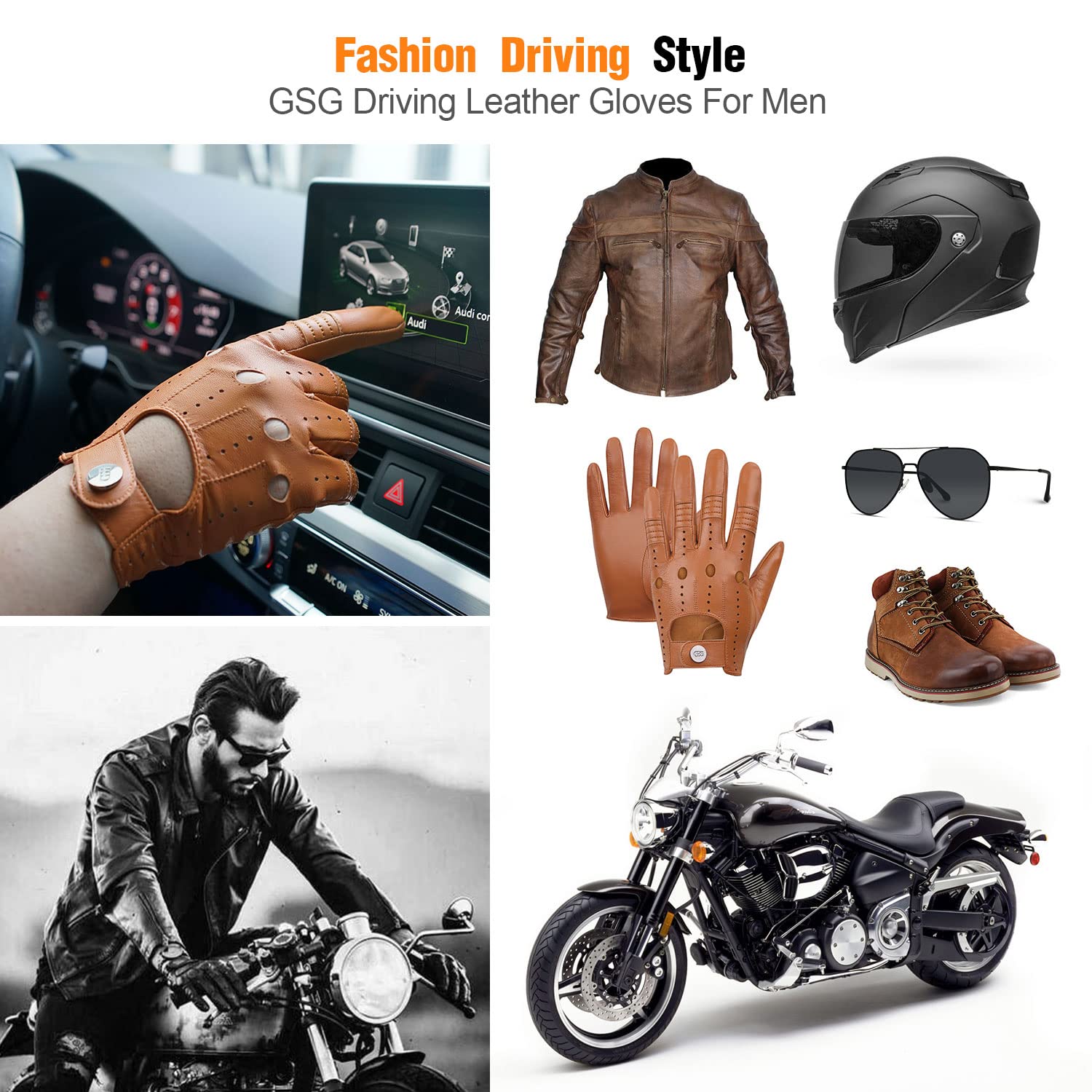 GSG Men's Genuine Sheepskin Leather Gloves - Black Driving, Cycling & Motorcycle Gloves with Touchscreen Compatibility - Perfect for Winter Commuting, Outdoor Sports & Casual Wear