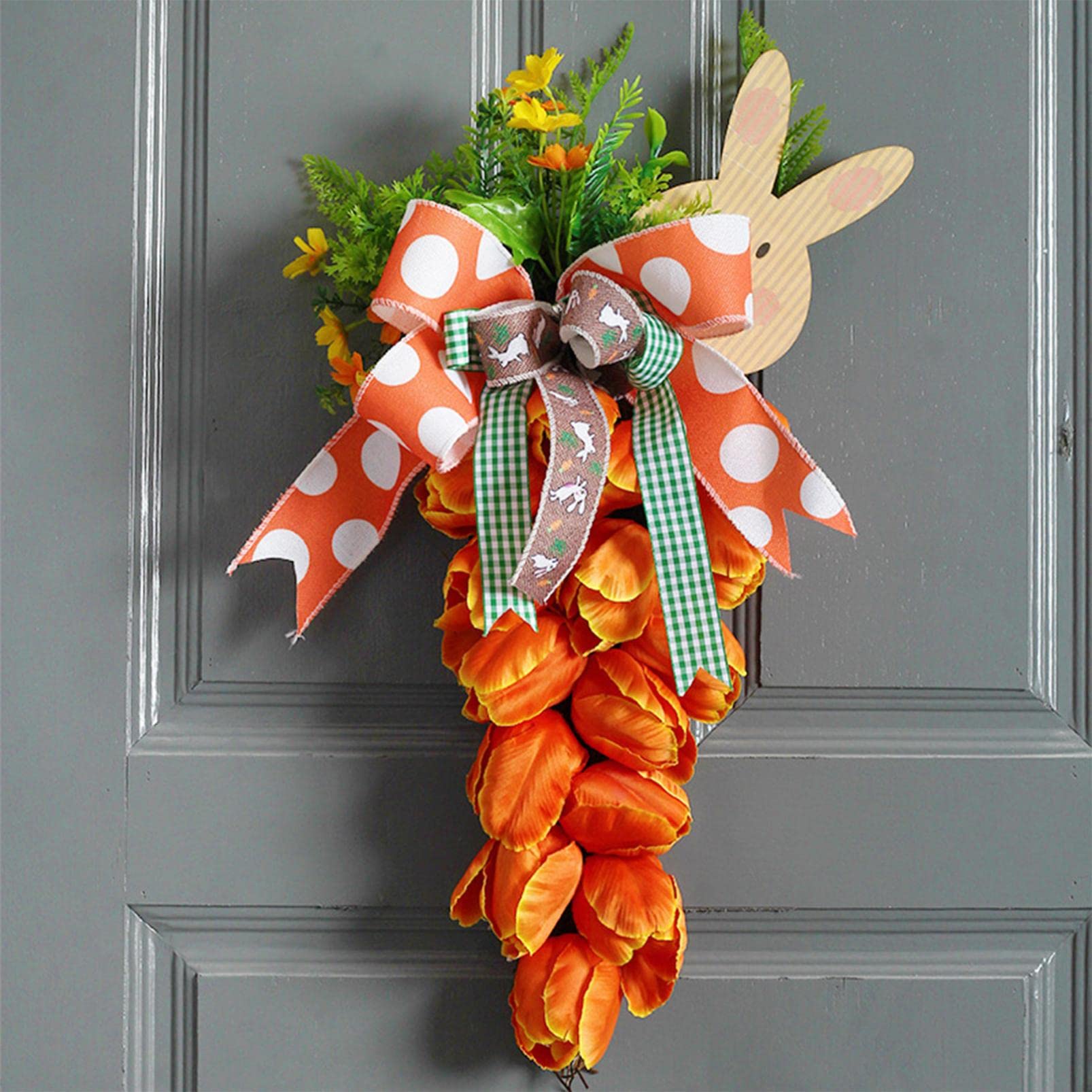 Artificial Tulips Flower Teardrop Wreath - 18.9 Inch Spring Summer Tulip Swag with Easter Bunny Decor | Floral Wreath Garland for Easter Front Door Welcome Hanging | Home Decor, Wedding, Party & Seasonal Decoration