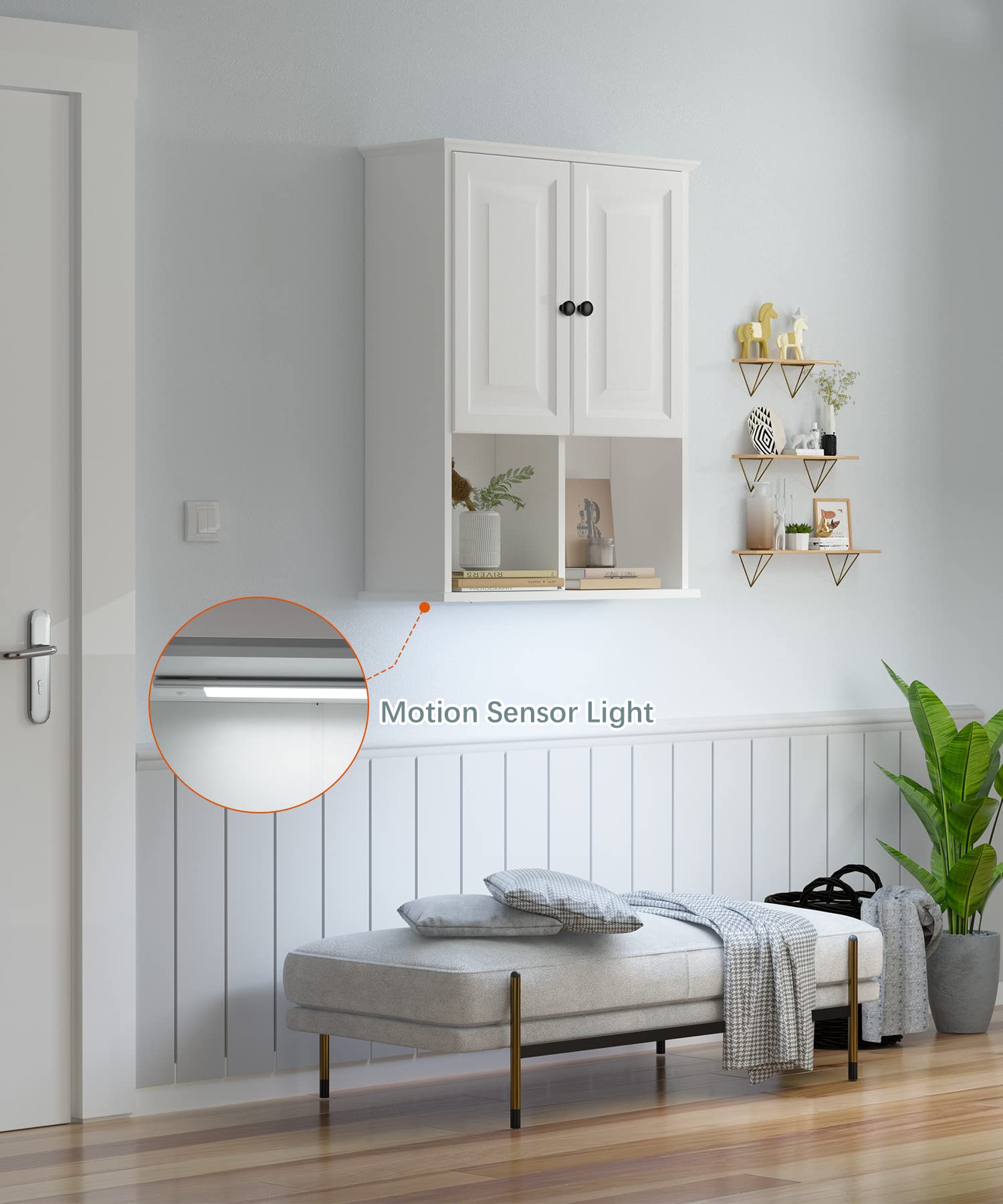 HAIOOU Motion Sensor LED Bathroom Wall Cabinet - Wooden Medicine Storage Cabinet with Adjustable Shelf, Buffering Hinges - Modern White Over Toilet Organizer for Bathroom, Bedroom & Home Decor