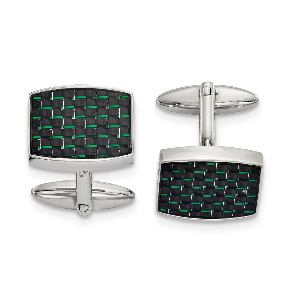 Premium Stainless Steel Cufflinks with Black & Green Carbon Fiber Inlay - Polished Finish for Men's Formal Wear, Business Attire & Special Occasions