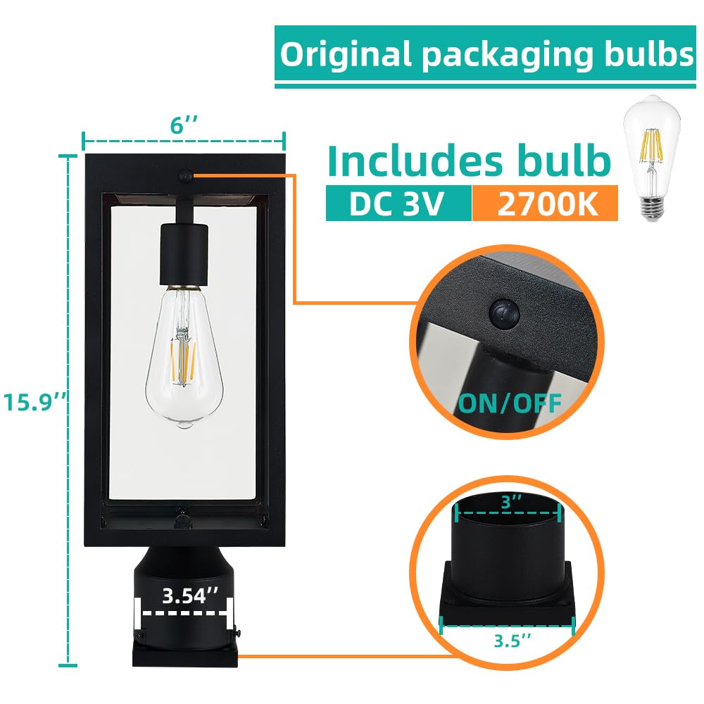 Solar Powered Outdoor Post Light - Waterproof Matte Black with 3.5