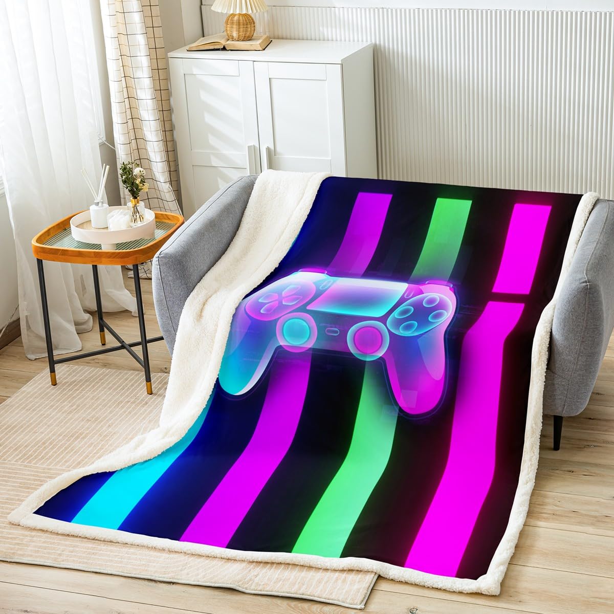 Boys Gamepad Blanket - Soft Fleece & Sherpa Gamer Throw for Kids, Girls & Teens - Chic Purple, Blue & Black Gaming Blanket 60
