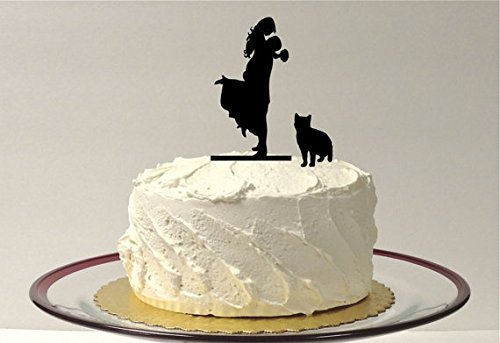 WITH CAT Silhouette Wedding Cake Topper - Bride & Groom with Pet Cat Lift Up Dancing Design - Elegant Wedding Cake Decor for Anniversary, Engagement & Special Occasions