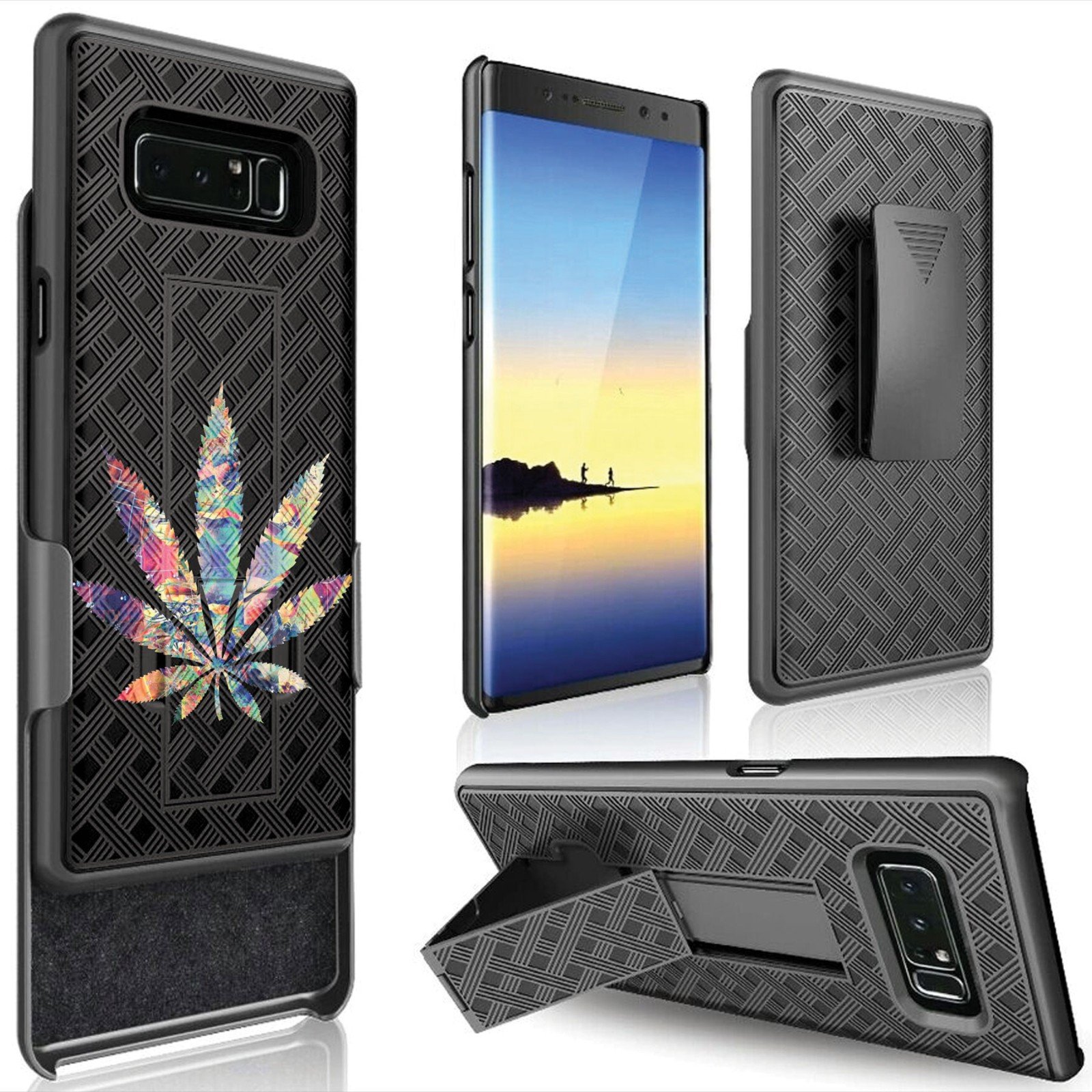 NakedShield Slim Protective Case with Kickstand & Holster for Samsung Galaxy Note 8 (2017) - Rainbow Weed Print Design | Perfect for Outdoor Activities, Work & Daily Use