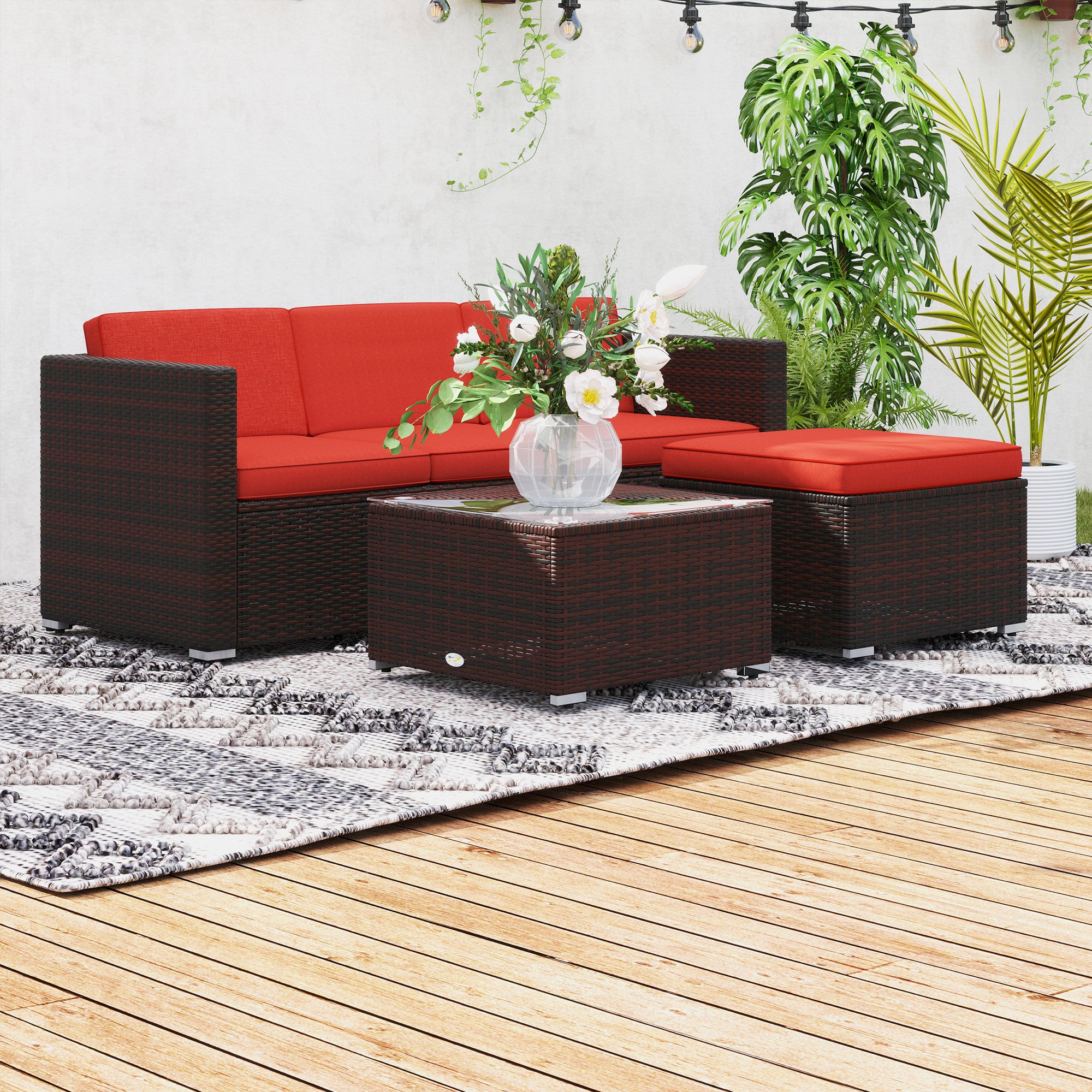 Outsunny Outdoor Patio Furniture Set with Soft Cushions, 4-Piece Corner Sofa in Red - Perfect for Backyard, Garden, and Poolside Relaxation