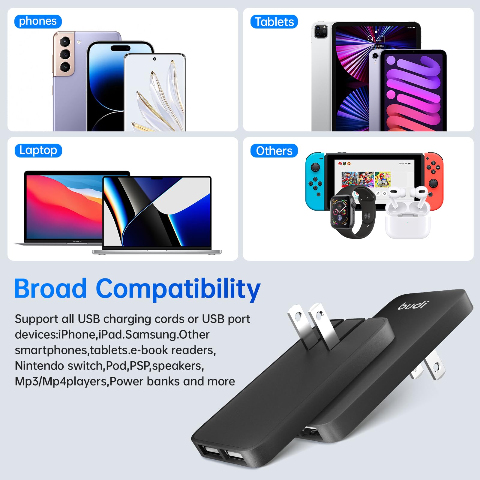 BUDI 17W Ultra Slim Foldable Wall Charger with 2 USB-A Ports - Fast Charging for iPhone, iPad, Samsung Galaxy & Home Cameras | Perfect for Travel, Office & Home Use (Black)