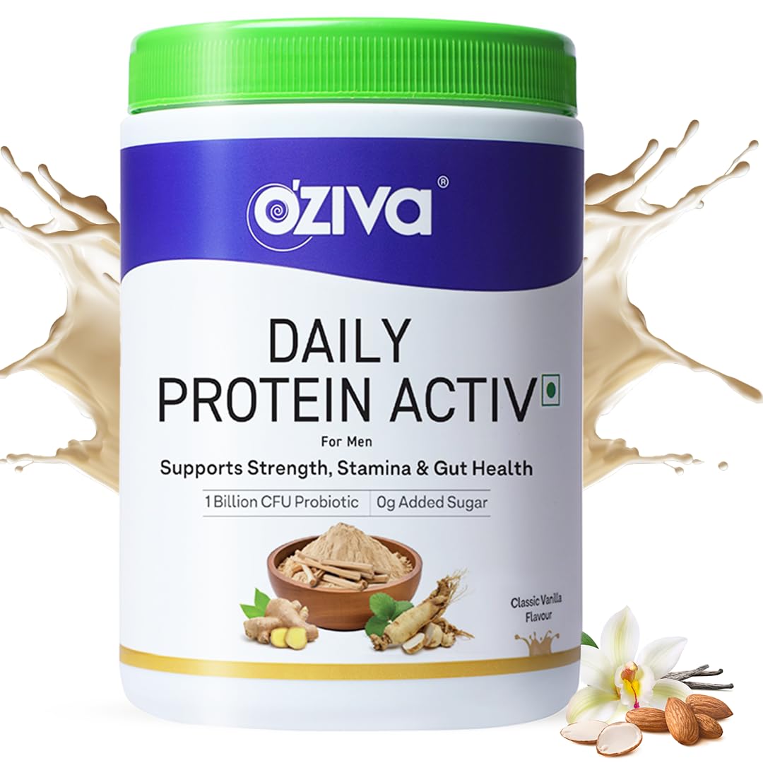 OZiva Daily Protein Activ for Men - 40G Protein Powder with Probiotics for Stamina & Muscle Growth - Vanilla Almond Flavor (300G, Pack of 1) | Ideal for Post-Workout Recovery & Active Lifestyle
