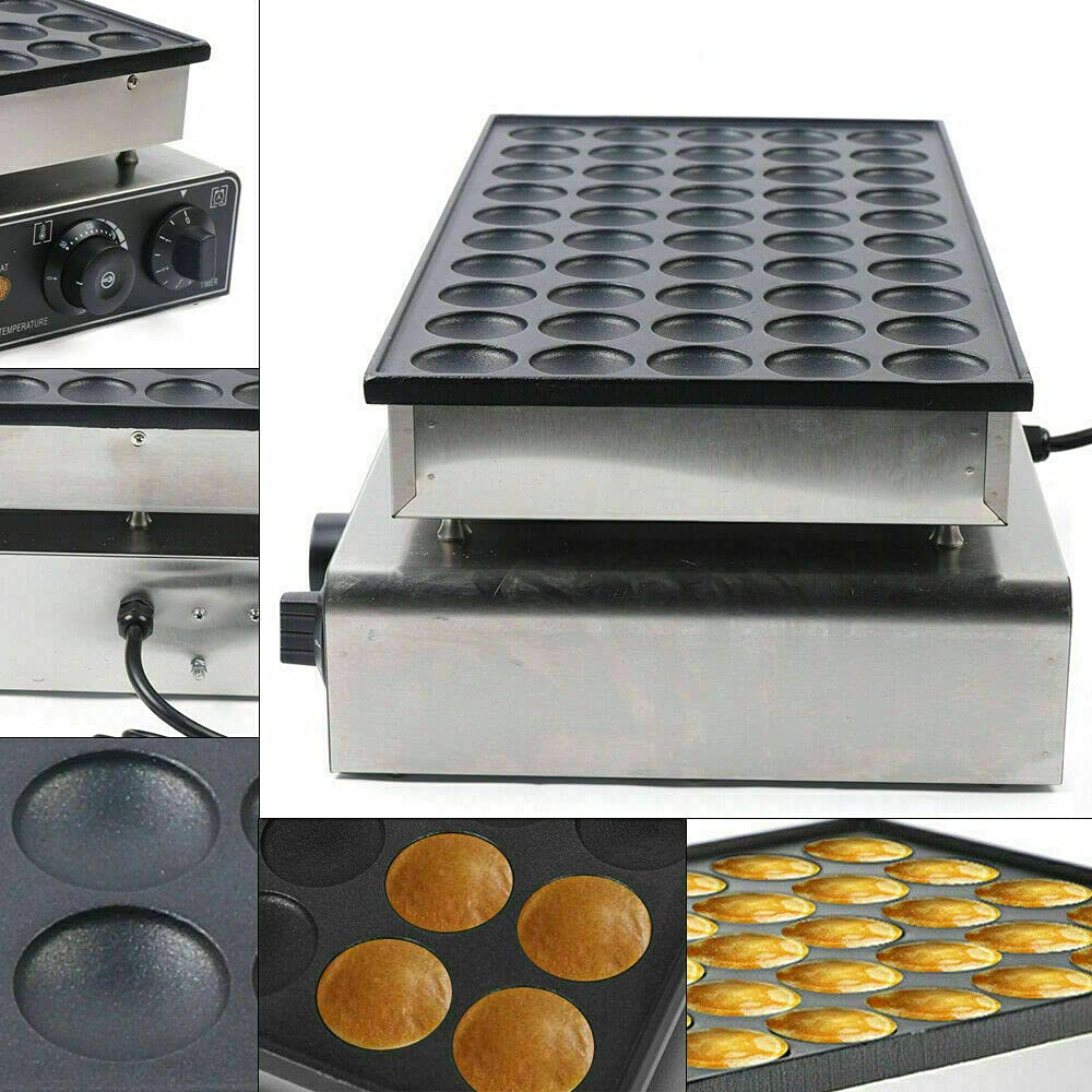Mini Dutch Pancake & Donut Maker Machine - 50 Slots Commercial Electric Waffle Baker with Nonstick Surface (1.7KW) - Perfect for Home Breakfast, Party Snacks & Cafe Business