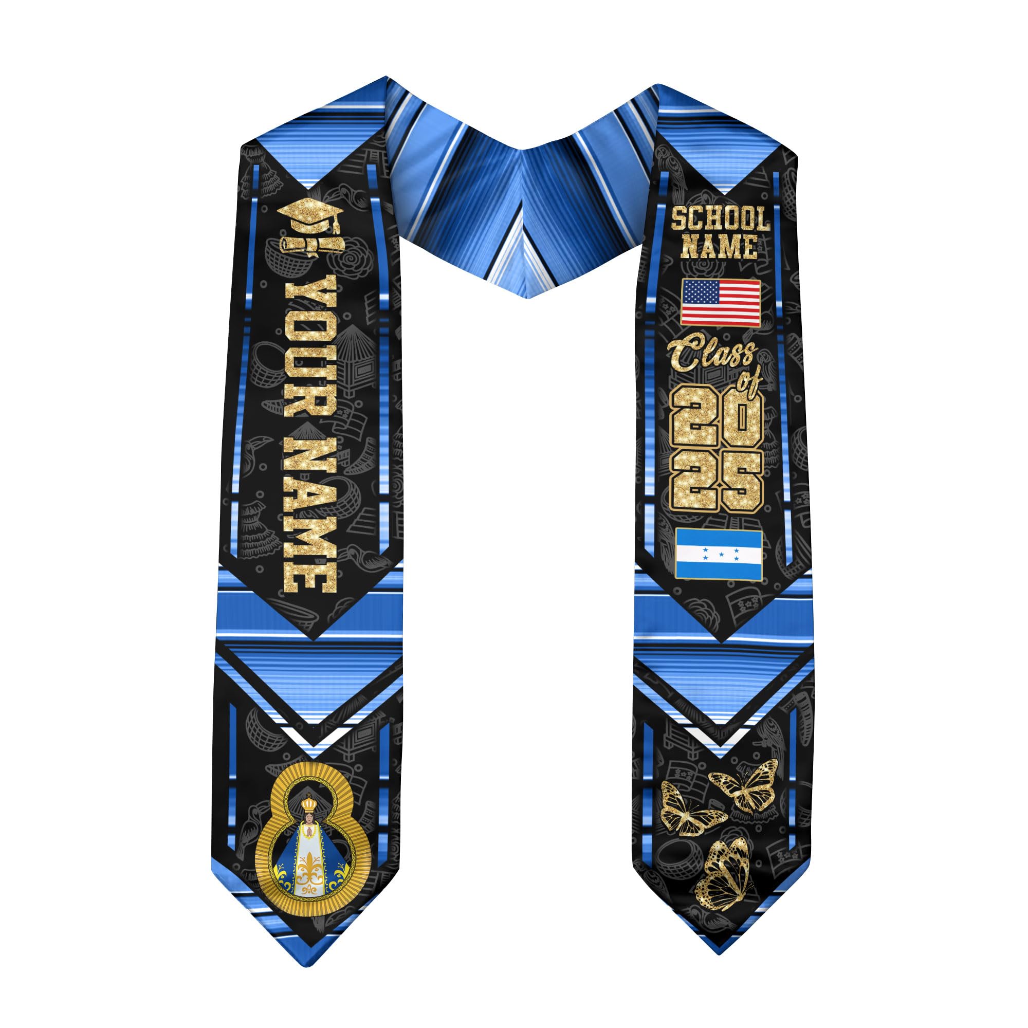 Custom Honduras Graduation Stole with Honduran American Flag Design - Personalized 2025 Graduation Sash for Commencement Ceremonies & Cultural Celebrations