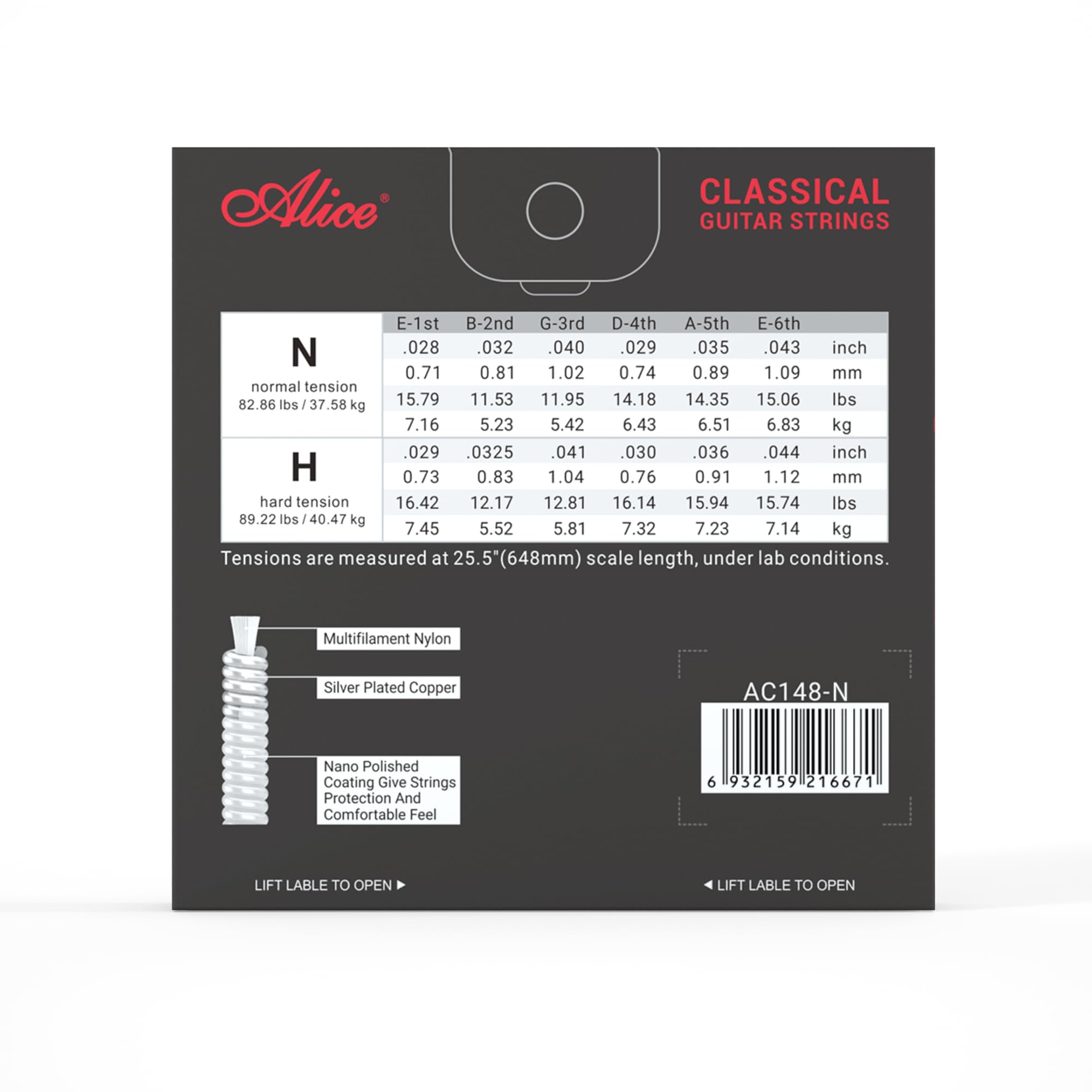 Alice Nylon Classical Guitar Strings Set - 6 Strings with Anti-Rust Silver Plated Coating & Tie End (Normal Tension, 1 Pack) | Perfect for Classical & Flamenco Guitar Players