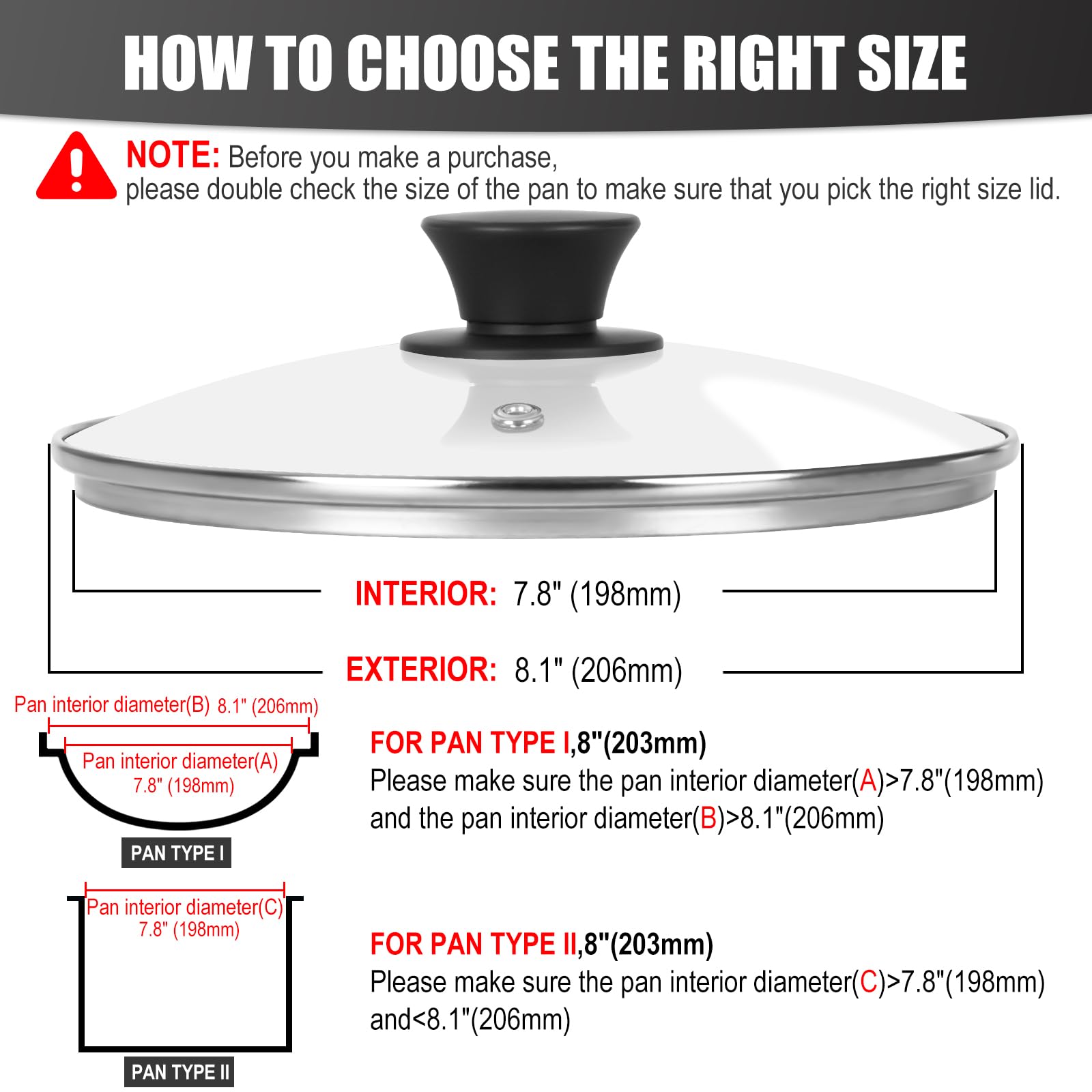 8 Inch Tempered Glass Pan Lid - Heat Resistant Replacement Cover for Cast Iron Skillets, Frying Pans & Woks - Clear Cooking View - Perfect for Sauteing, Simmering & Kitchen Safety
