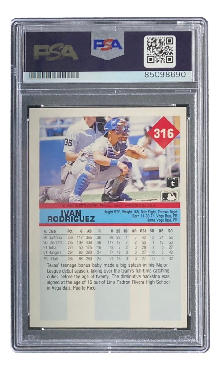 Ivan Rodriguez Autographed 1992 Fleer #316 Texas Rangers Rookie Baseball Card - PSA/DNA Certified - Perfect for Sports Memorabilia Collections & Rangers Fans Gift