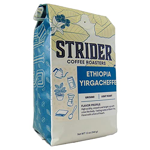 Premium Ethiopia Yirgacheffe Light Roast Ground Coffee - Specialty Single Origin Beans for Pour Over & Drip Brew - 12oz Bag - Perfect for Morning Brew & Office Coffee Break