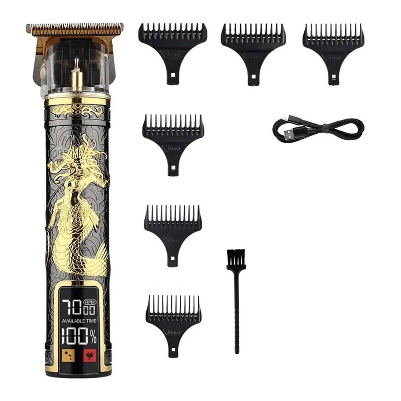 Professional Vintage T9 LCD Electric Hair Clipper - Rechargeable Barber Trimmer for Men with Black Gold Medusa Design | Perfect for Home Grooming & Professional Salon Use