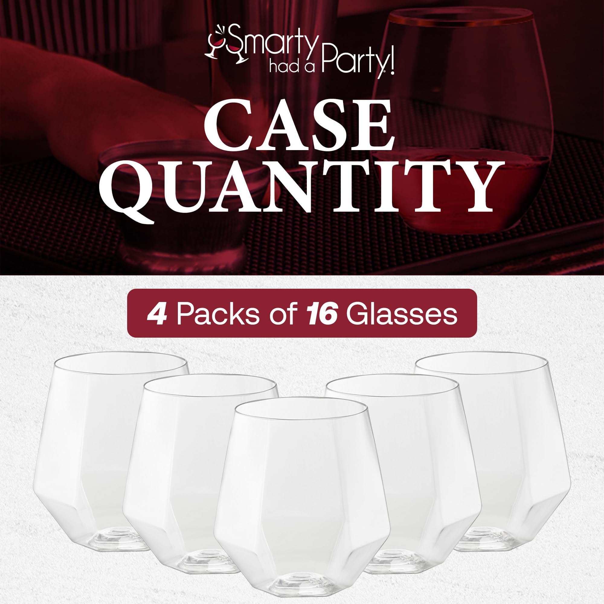 Smarty Had A Party 12 oz Clear Stemless Plastic Wine Goblets - Pack of 64 Unbreakable & Disposable Cups for Weddings, Parties, Events - Perfect for Outdoor Gatherings, Picnics & Catering