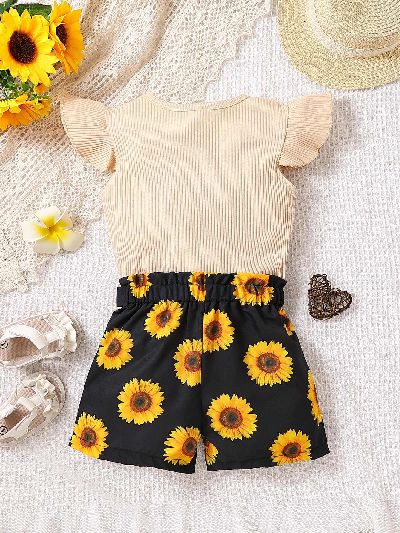 Toddler Girl Summer Outfit Set - Ruffle Sleeve Graphic Tee & Shorts | Cute Playtime & Beach Wear for Kids