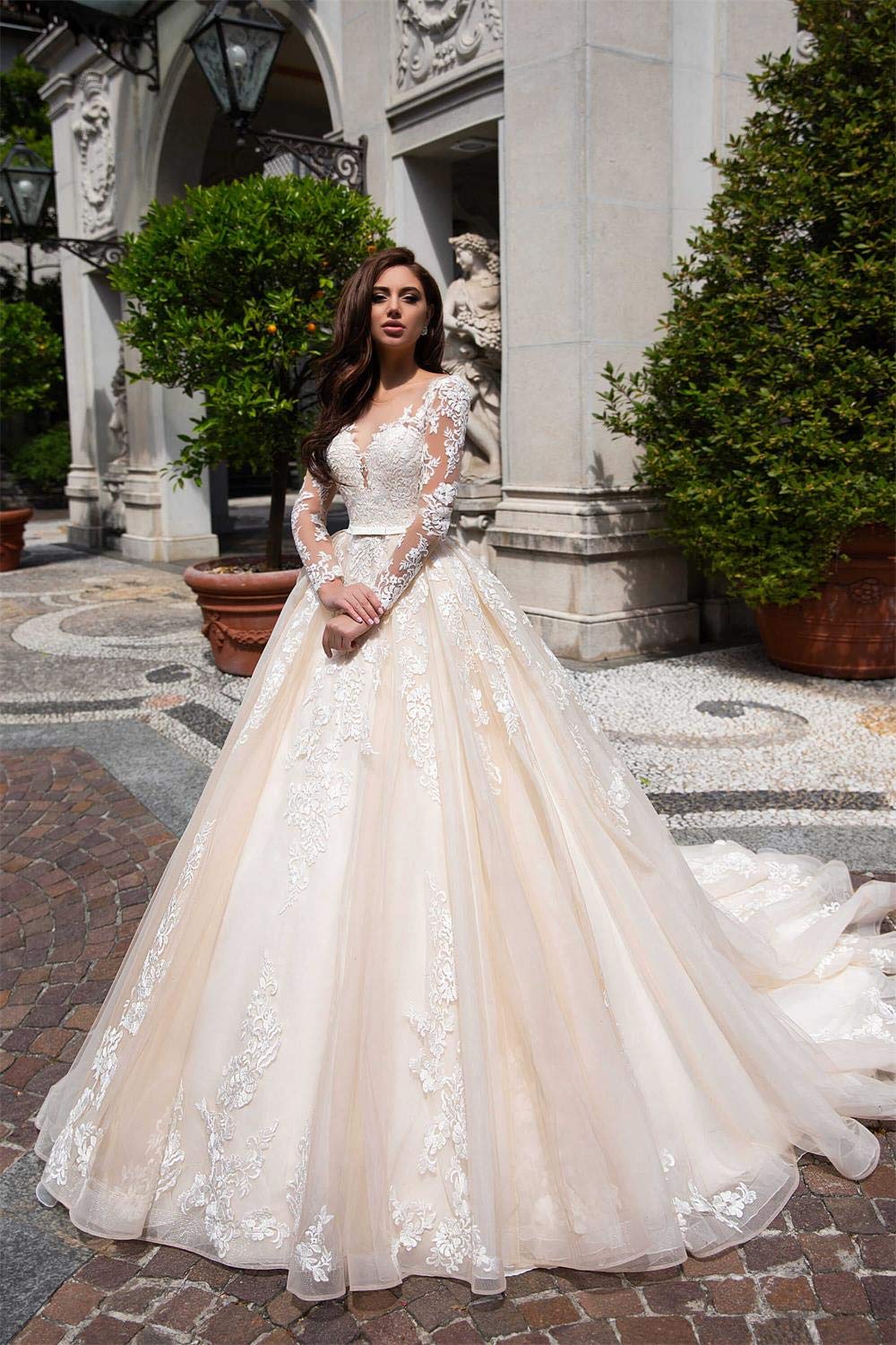 Elegant Ivory Lace A-Line Wedding Dress for Bride 2021 - Long Sleeve Princess Beach Bridal Gown | Perfect for Beach Weddings, Outdoor Ceremonies & Romantic Photoshoots