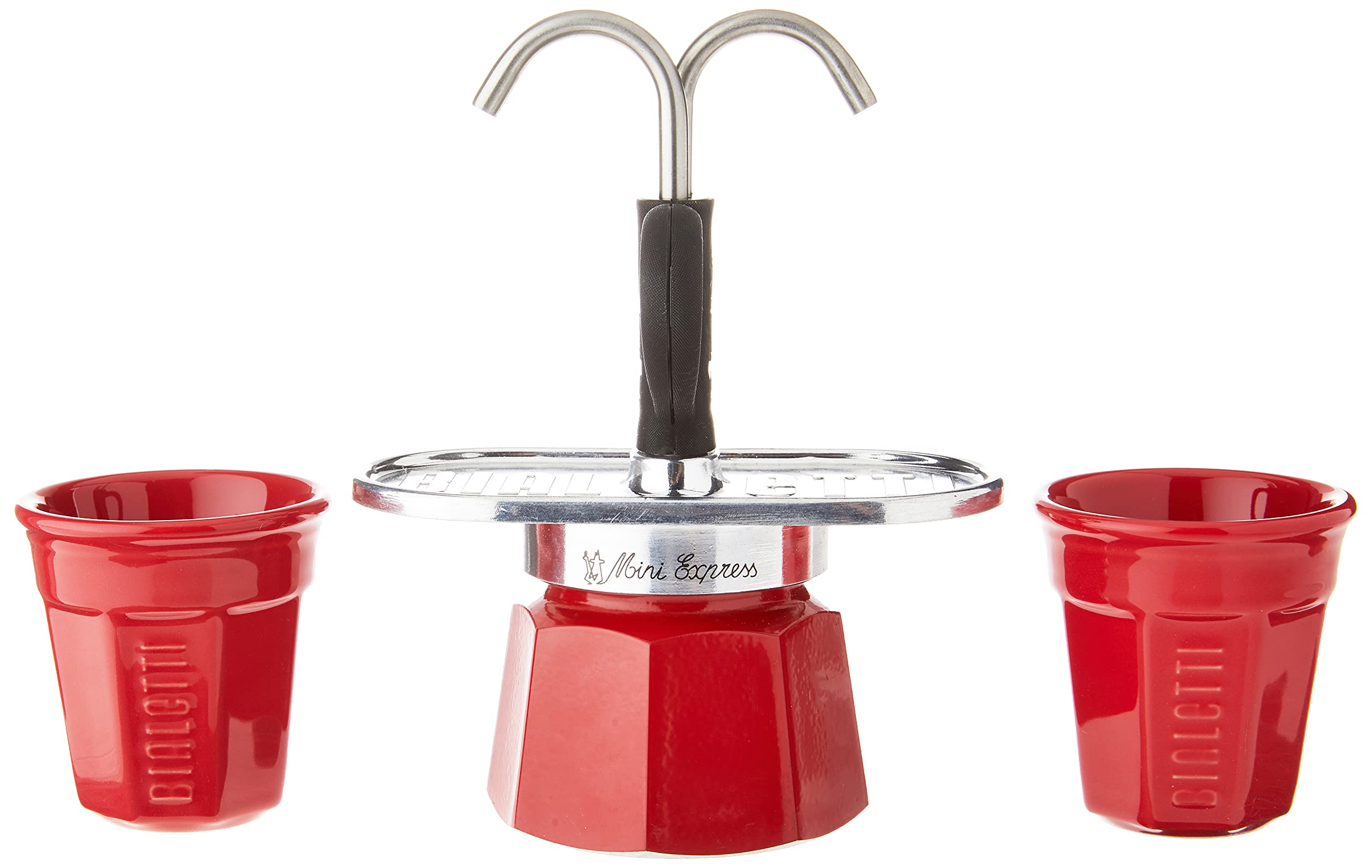 Bialetti Mini Express 2-Cup Moka Pot Coffee Maker with 2 Shot Glasses - Red Aluminum Stovetop Espresso Maker for Home & Office Use
