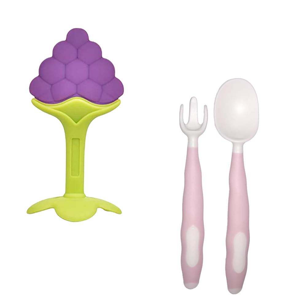 Kritiu Baby Teether & Spoon Set - BPA-Free Silicone Teething Toys & Infant Feeding Utensils - Safe for 6+ Months (Blue & Pink) - Perfect for Soothing Sore Gums & Introducing Solid Foods