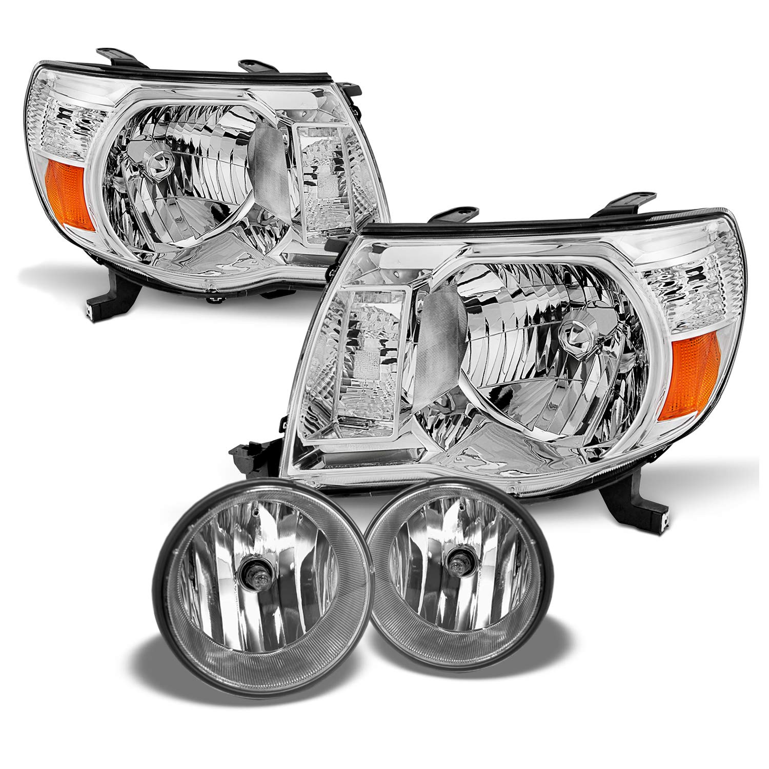 AKKON Chrome Headlights & Clear Fog Lights Kit for 2005-2011 Toyota Tacoma - Direct Replacement Left & Right Pair - Upgrade for Night Driving & Off-Road Adventures