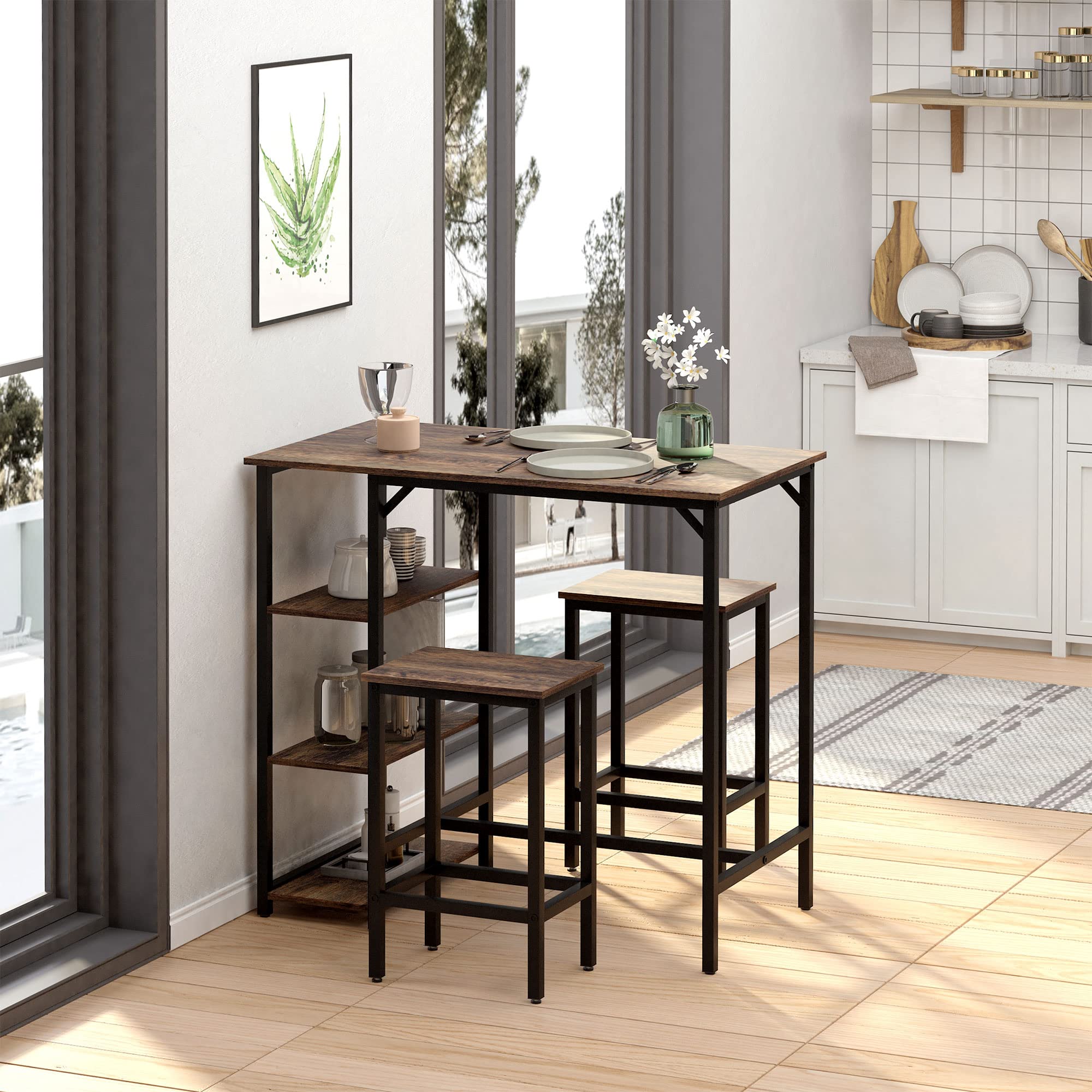HOMCOM Industrial 3-Piece Counter Height Dining Set - Rustic Brown Bar Table with 2 Stools & Storage Shelf for Kitchen, Bistro, or Small Space