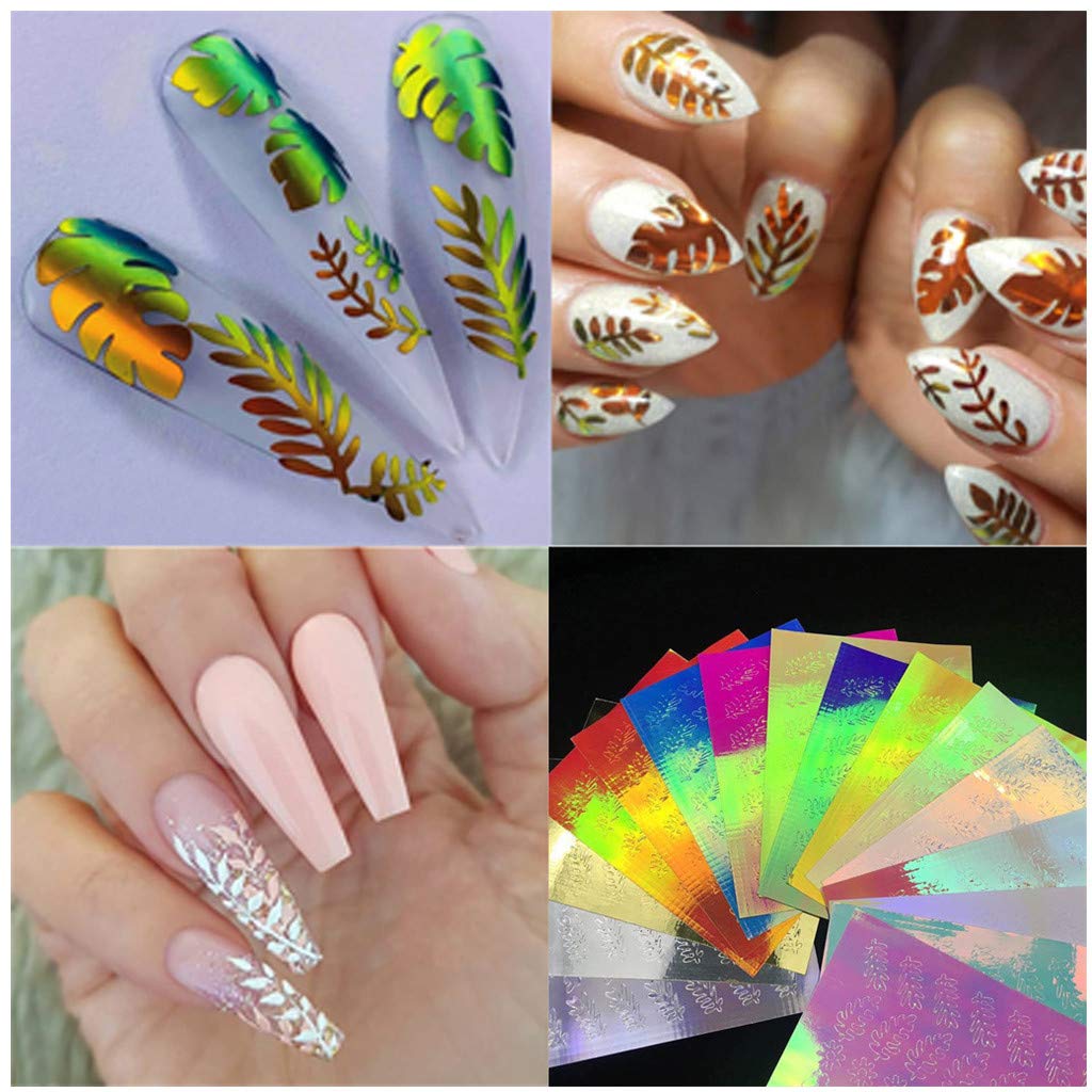 Halloween & Fall Nail Decals - Iridescent Holographic Maple Leaf & Palm DIY Nail Art Stickers for Christmas - Perfect for Party, Salon & Home Manicure