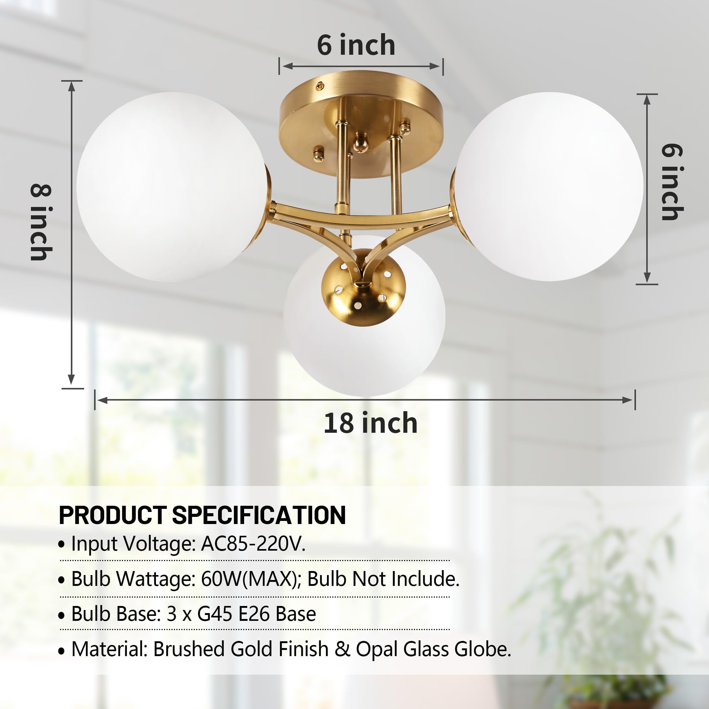 3-Light Mid Century Modern Semi Flush Mount Ceiling Light - Gold Sputnik Chandelier with Milk Glass Shade - Perfect for Living Room, Dining Room & Bedroom Lighting