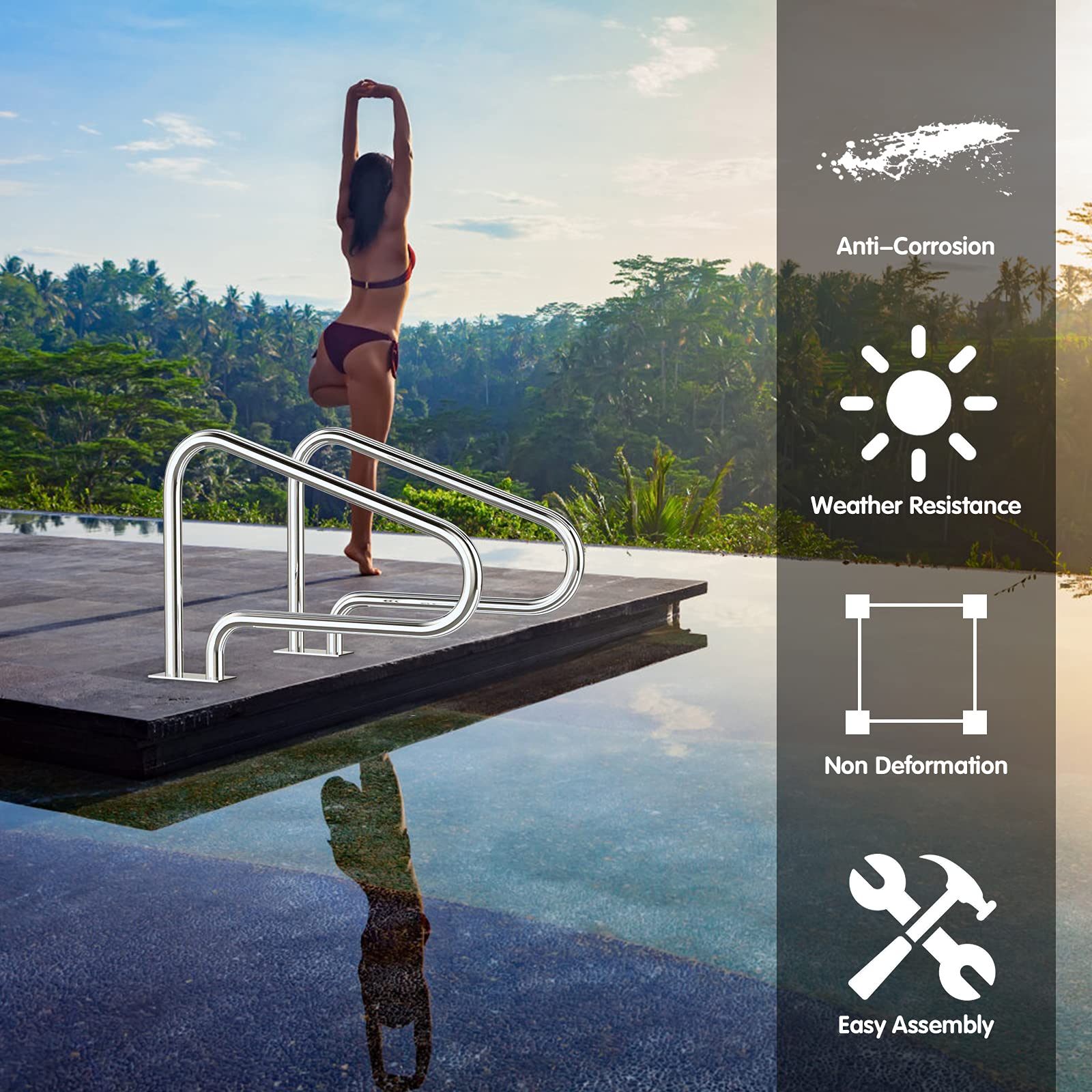 Stainless Steel Pool Handrail for Inground Pools - 2 Pack Safety Railings with Base Plate (46